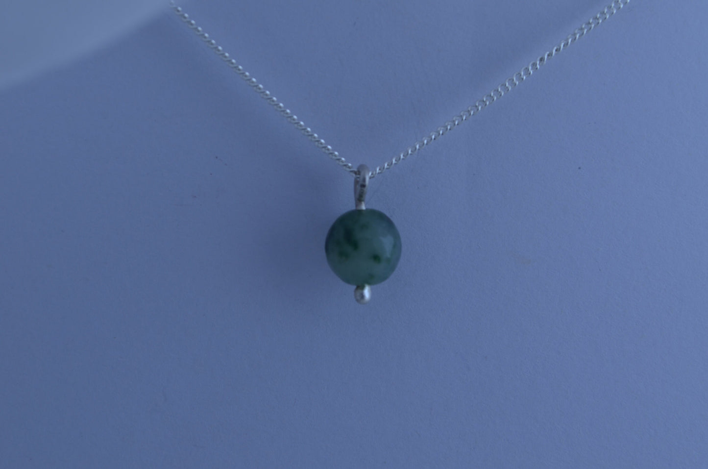 silver jade charm necklace, round spotted green pendant, natural gemstone, 18”chain