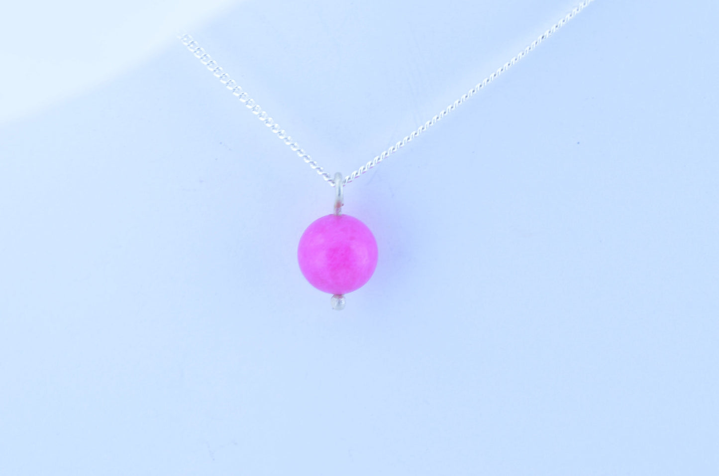 Silver pink jade charm necklace, round stone pendant, 18” chain