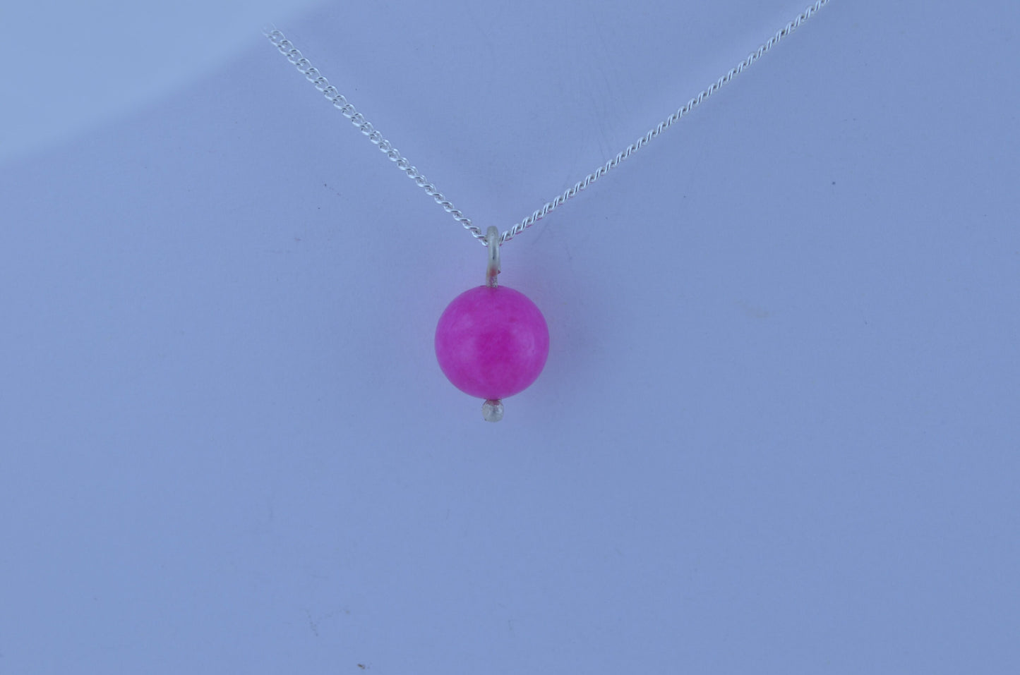 Silver pink jade charm necklace, round stone pendant, 18” chain