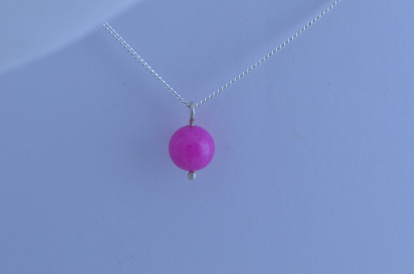 Silver pink jade charm necklace, round stone pendant, 18” chain