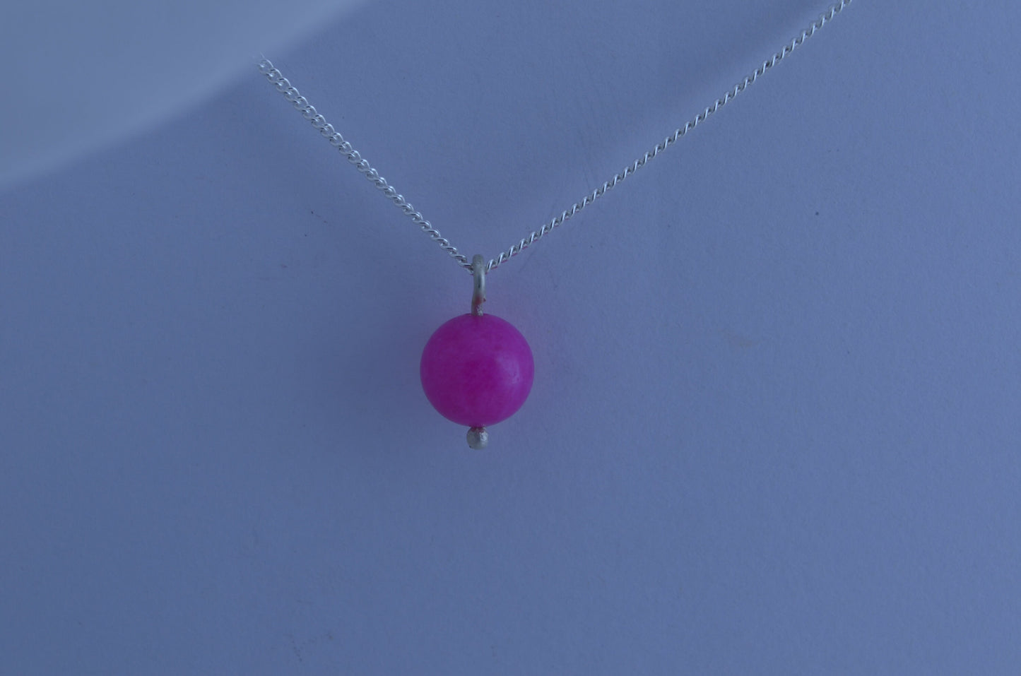 Silver pink jade charm necklace, round stone pendant, 18” chain
