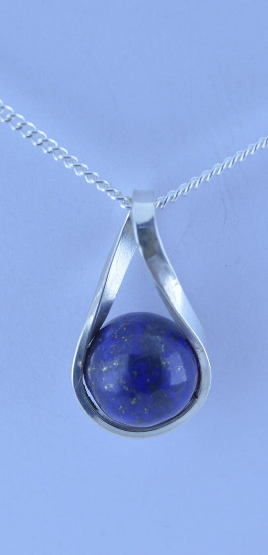 silver lapis lazuli necklace and 18” chain, natural bell shape blue gemstone, twist shaped design pendant