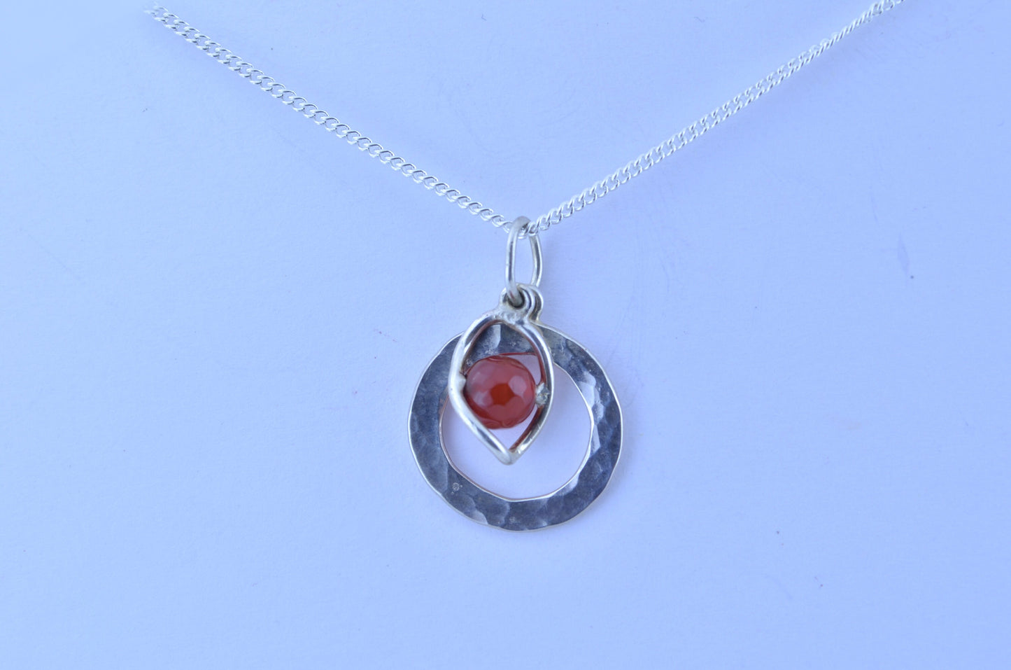sterling silver necklace, bell shape natural red carnelian gemstone pendant, 18” chain