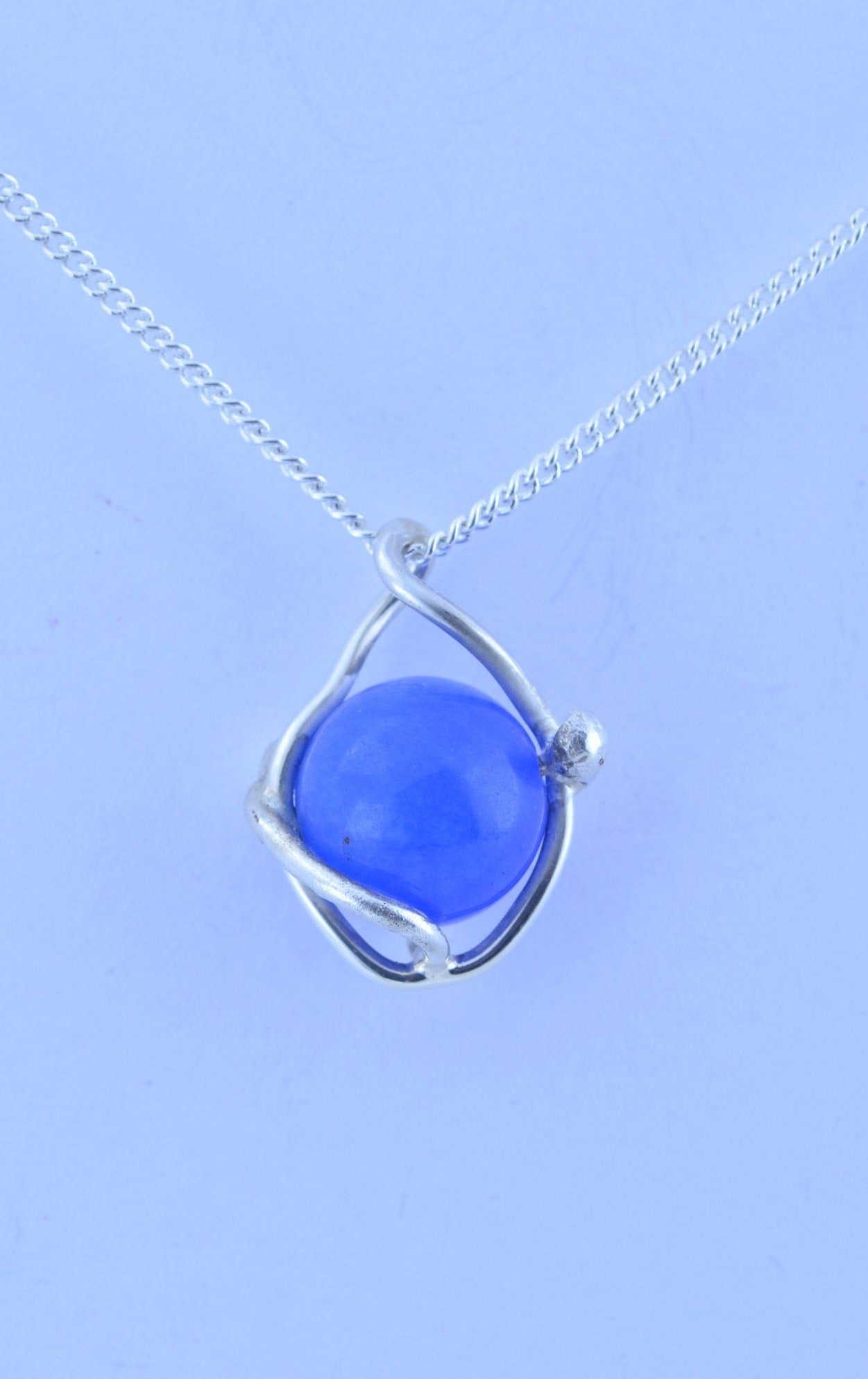 blue agate pendant and solid sterling silver chain necklace, bell shape natural gemstone