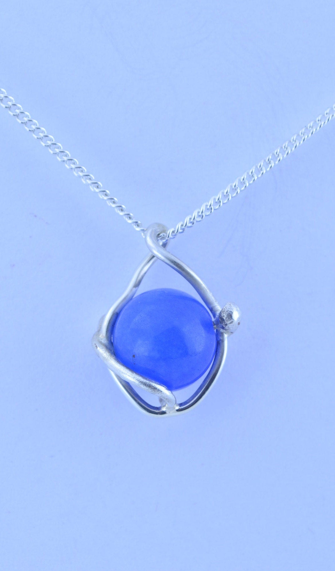 blue agate pendant and solid sterling silver chain necklace, bell shape natural gemstone