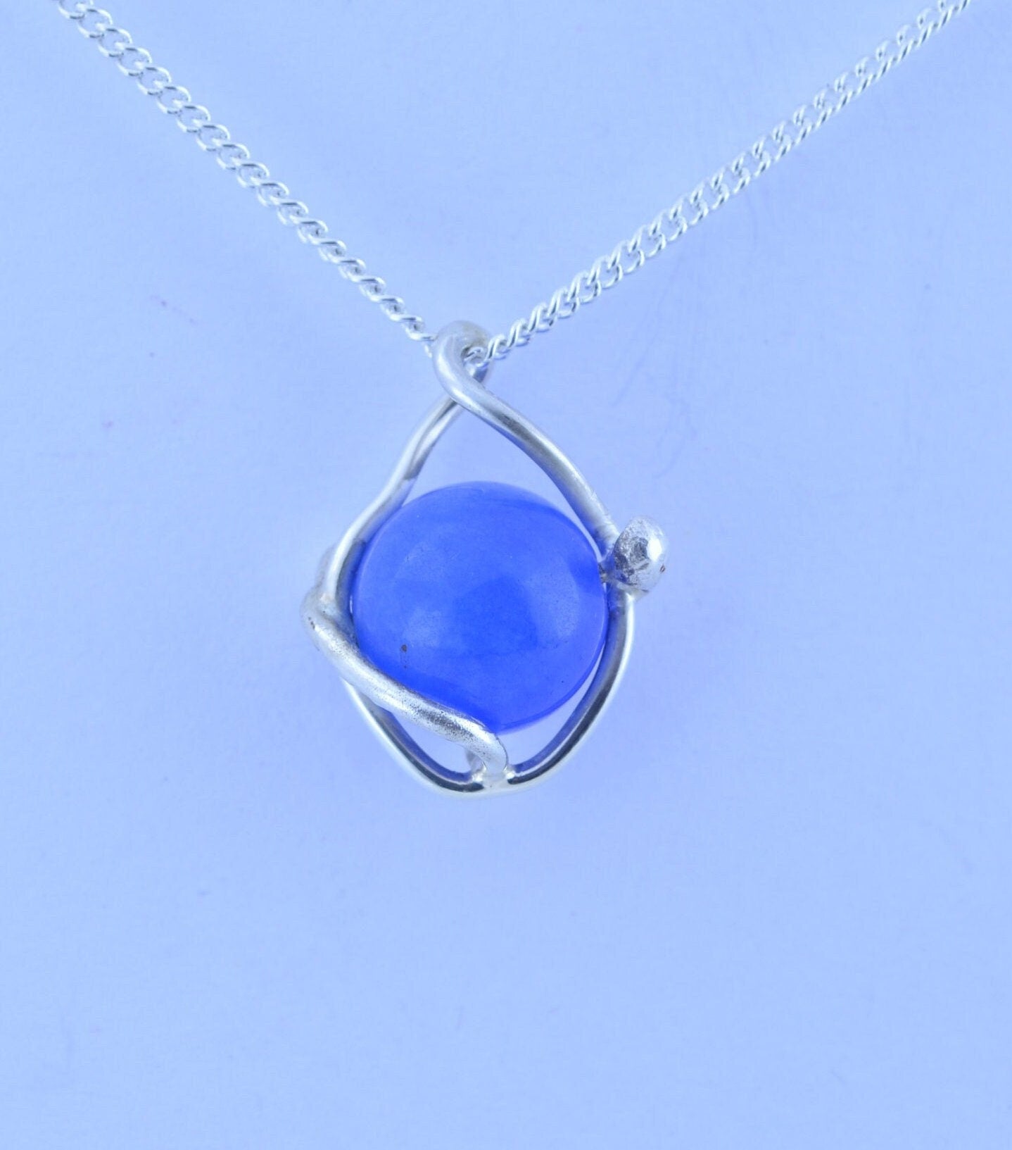 blue agate pendant and solid sterling silver chain necklace, bell shape natural gemstone