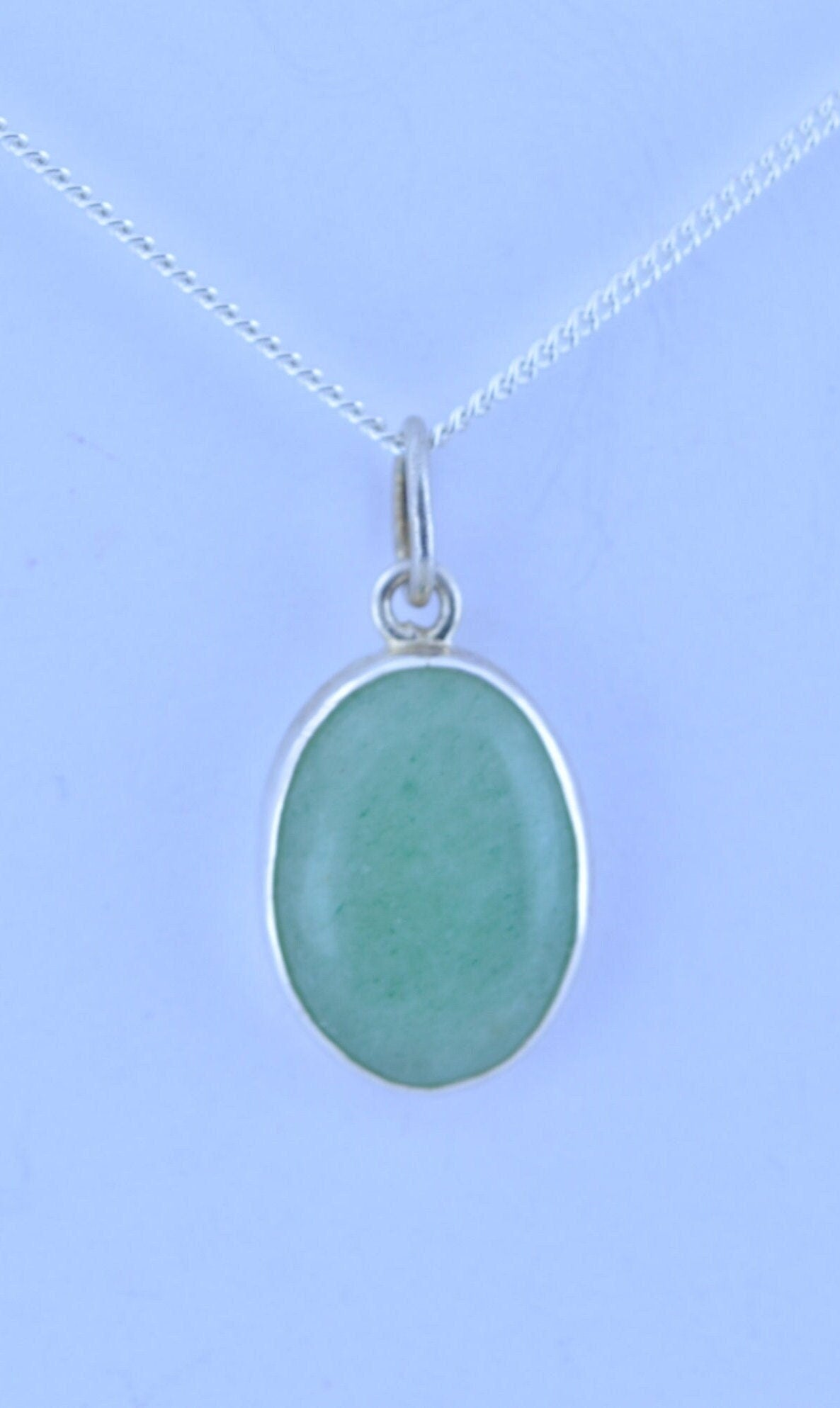 green aventurine pendant and solid sterling silver necklace, natural oval shape gemstone, 18” chain