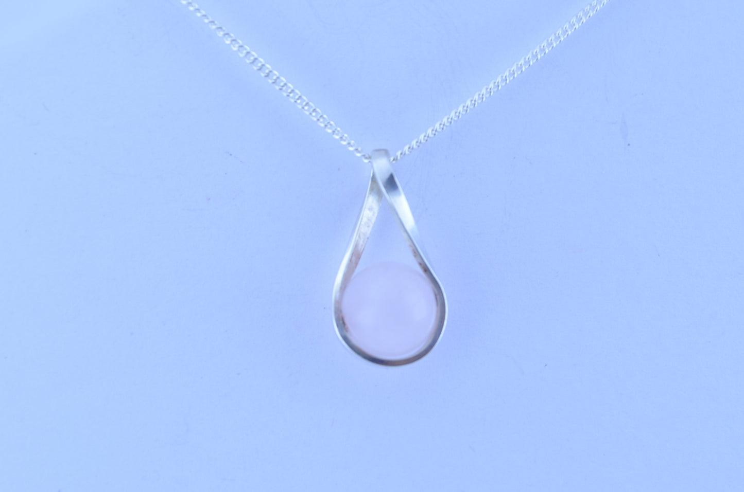 silver rose quartz necklace, round pink pendant, natural material, 18” chain