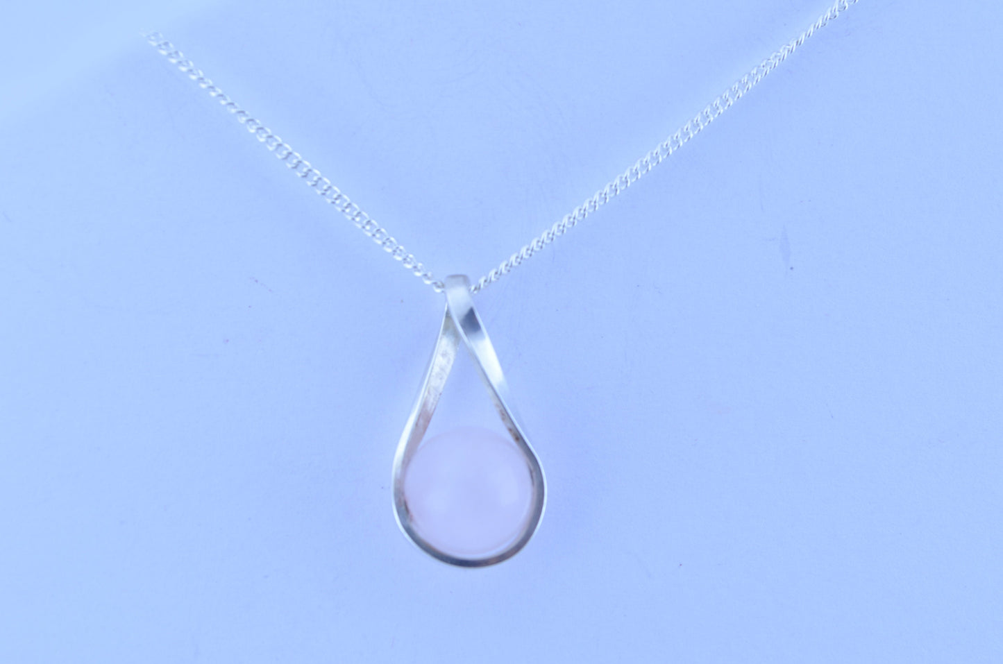 silver rose quartz necklace, round pink pendant, natural material, 18” chain