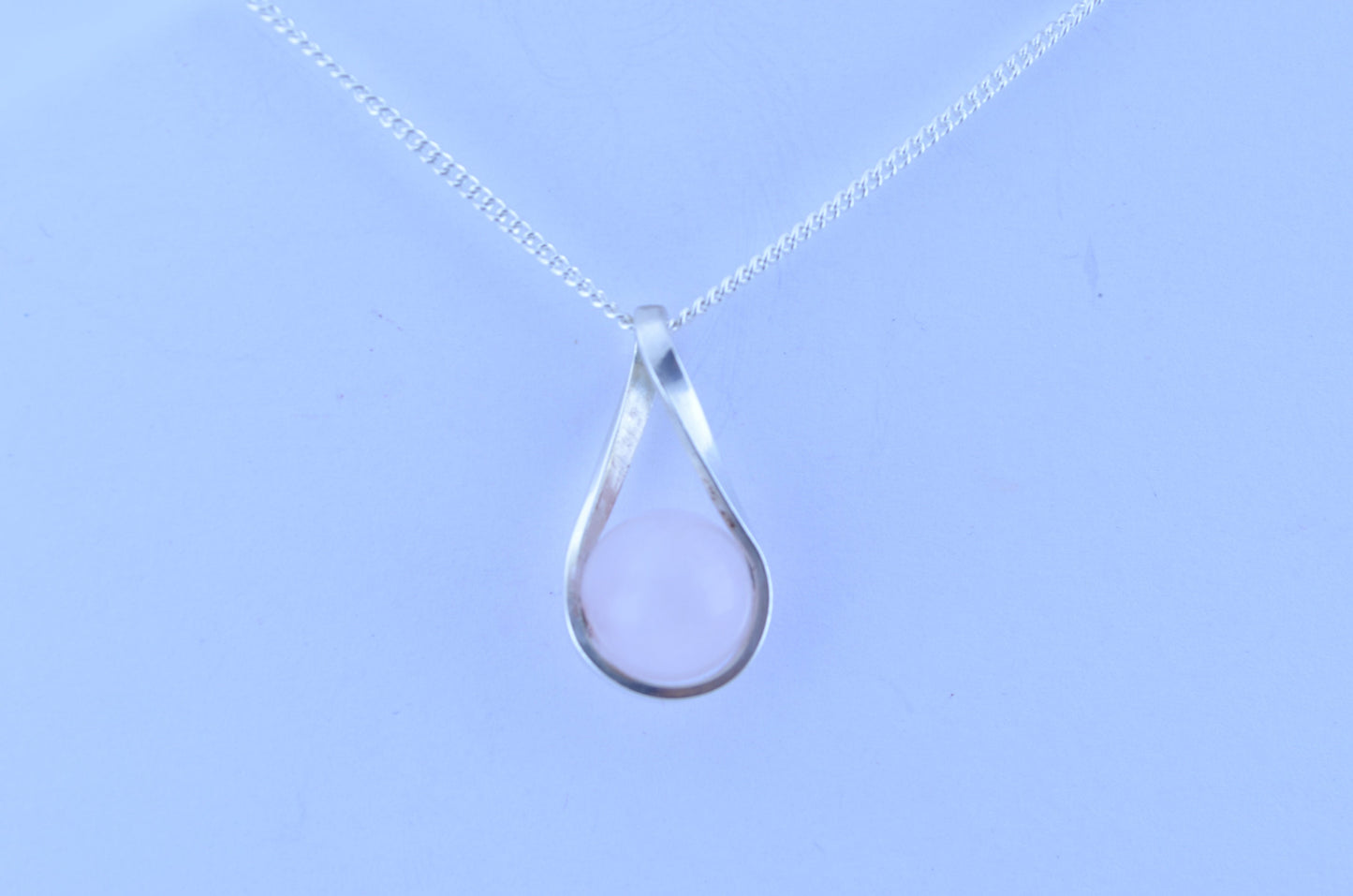 silver rose quartz necklace, round pink pendant, natural material, 18” chain