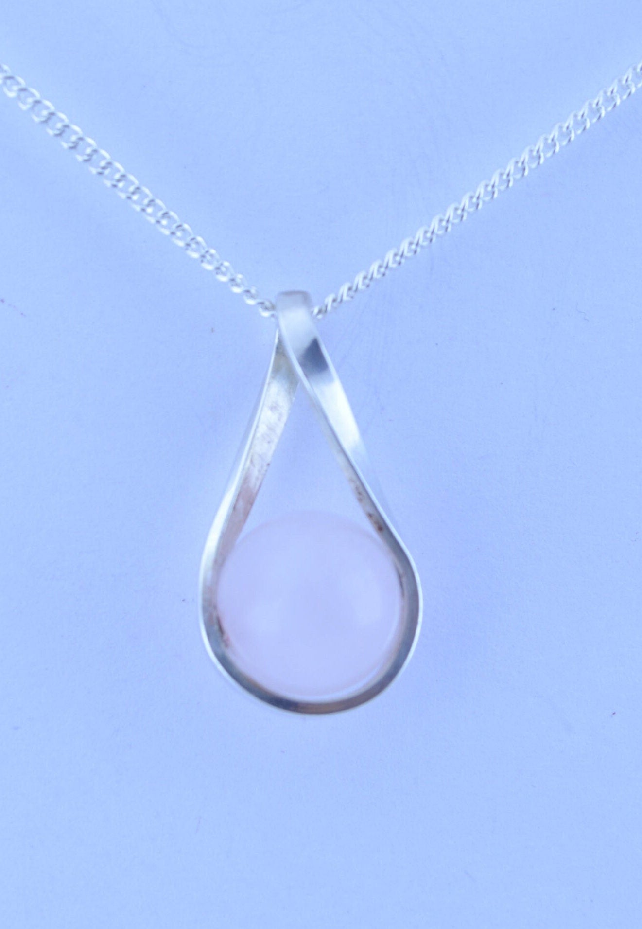 silver rose quartz necklace, round pink pendant, natural material, 18” chain