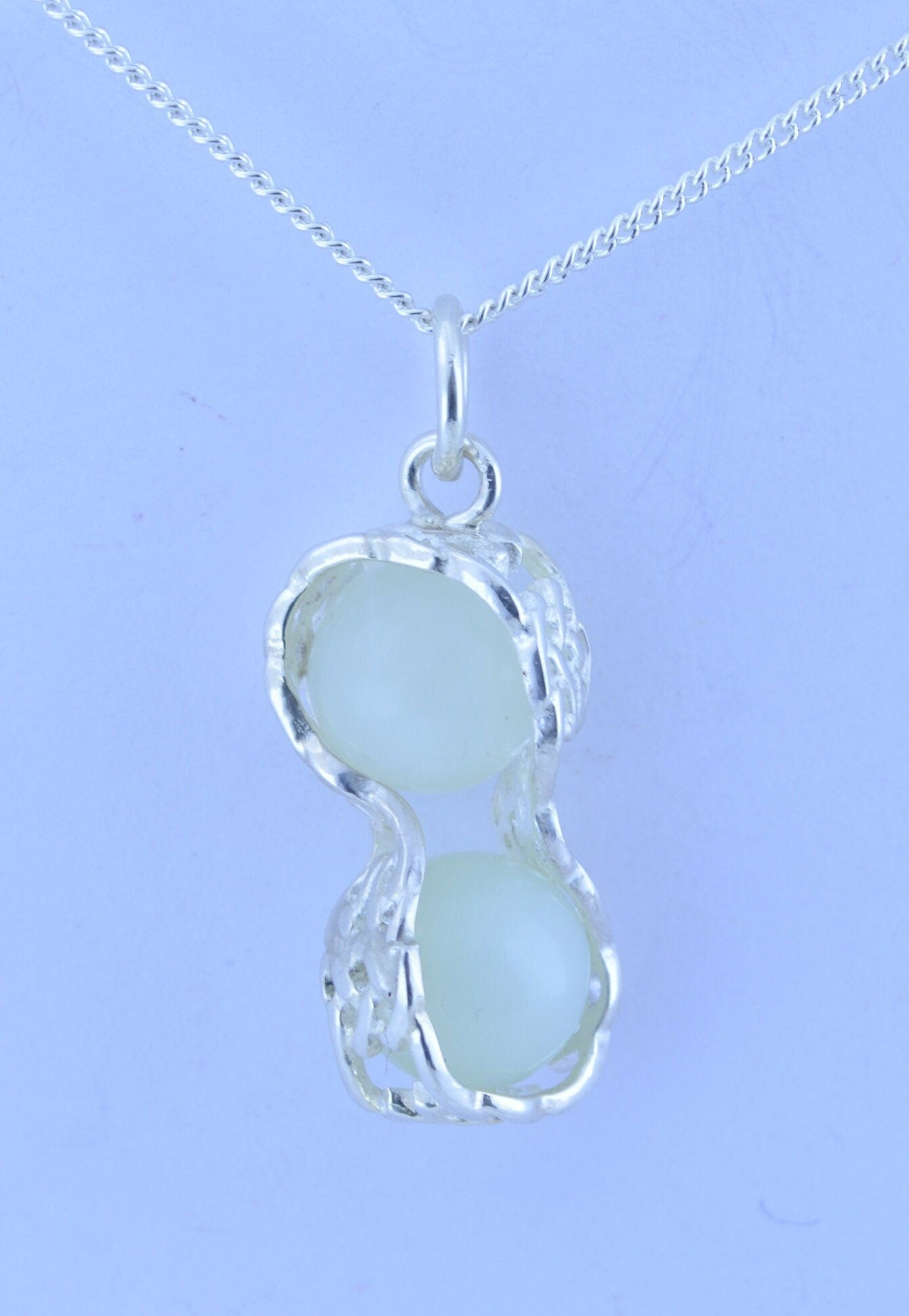 silver jade long pendant, round shape green beads necklace, natural gemstones, 18” chain