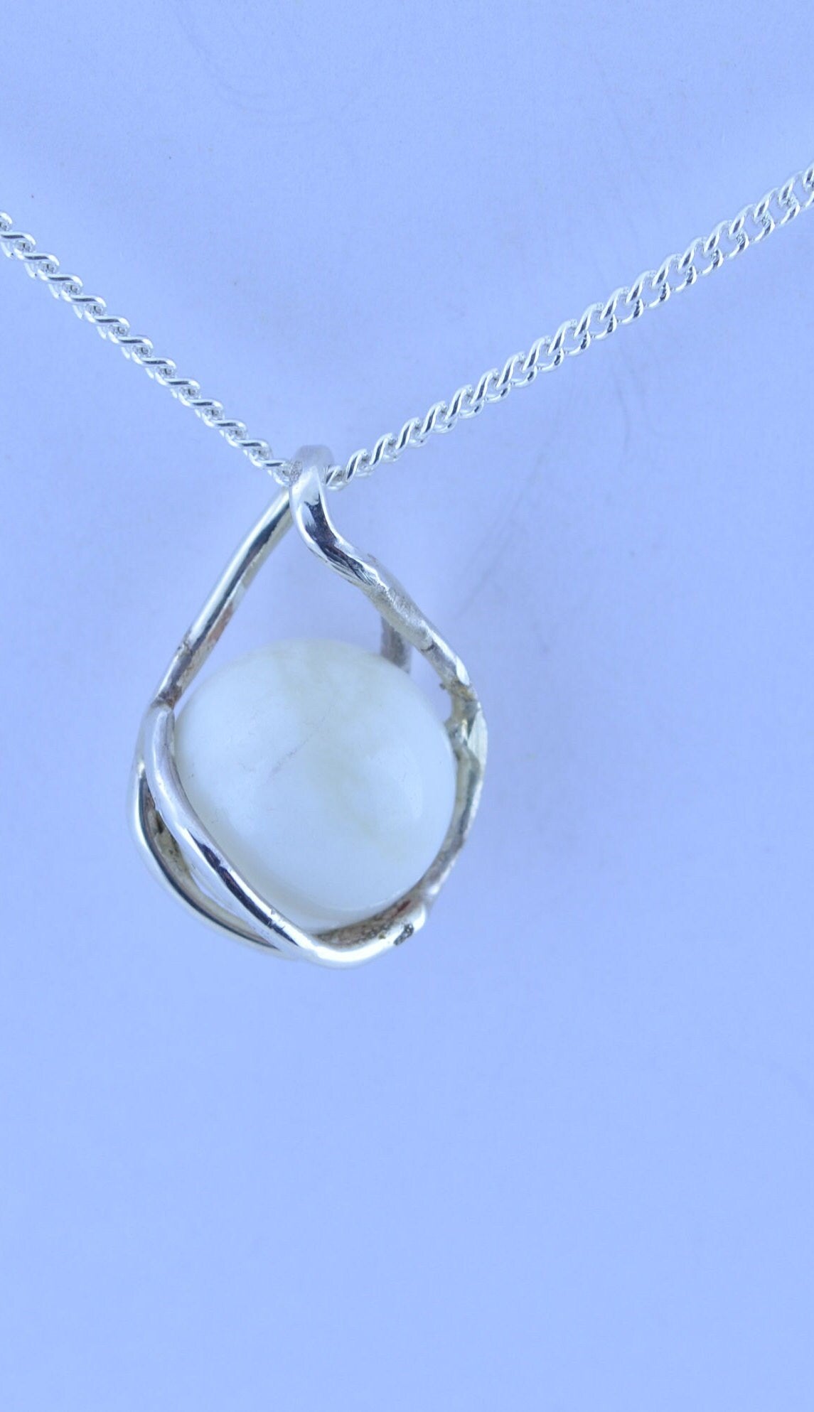 silver white moonstone necklace, round shape natural stone pendant, 18” chain