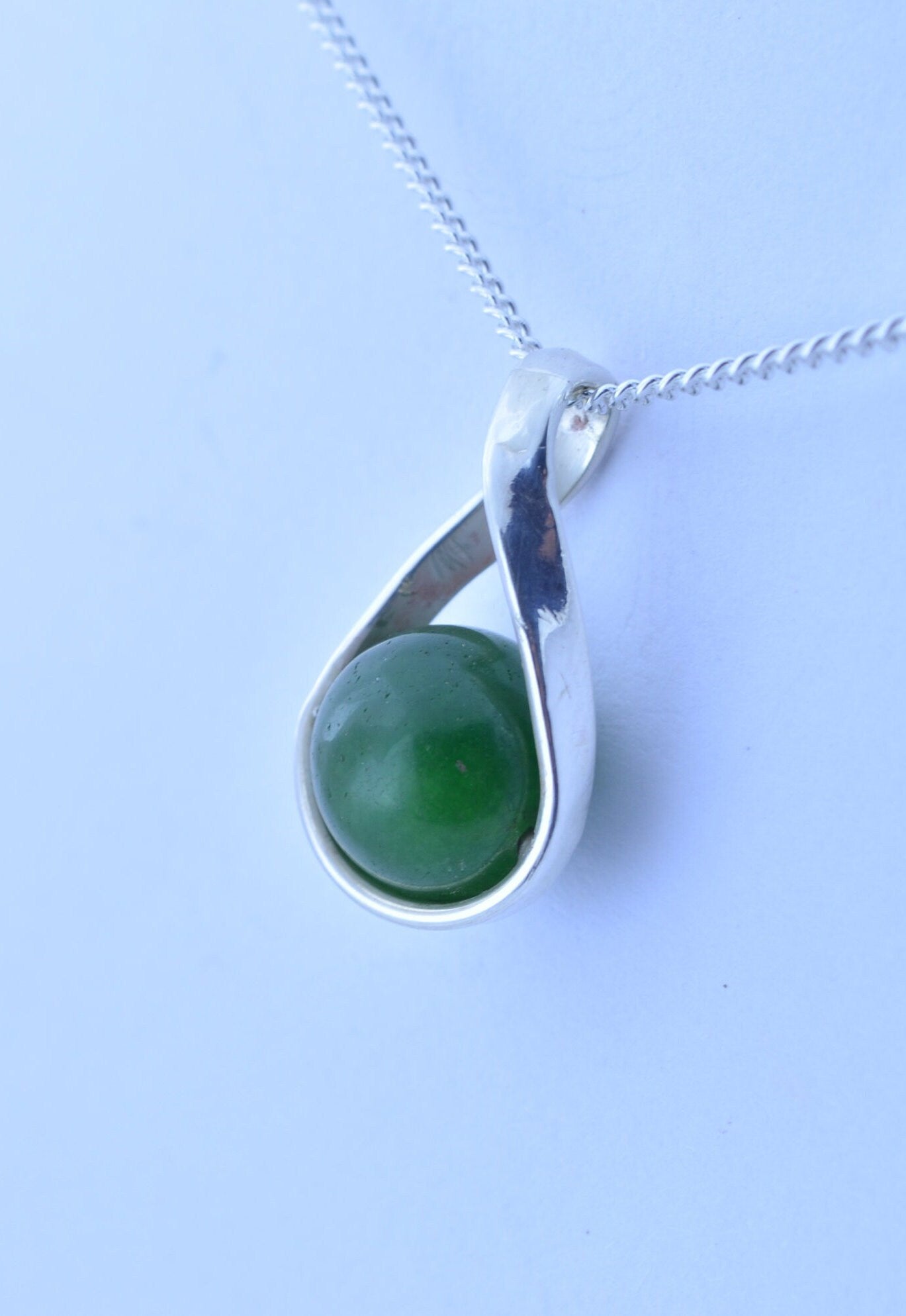 silver jade pendant and solid sterling silver chain necklace, bell shape green natural gemstone