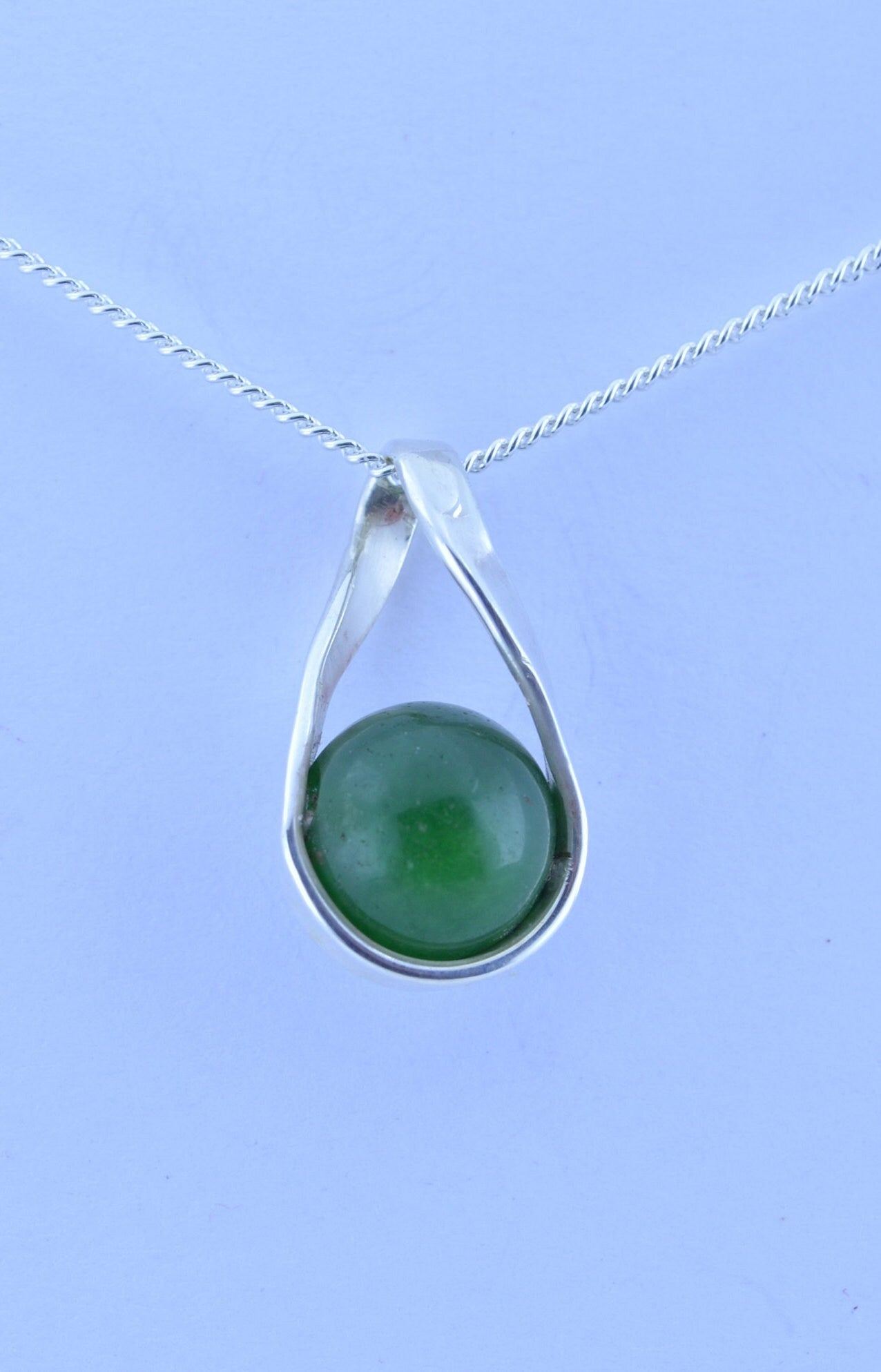 silver jade pendant and solid sterling silver chain necklace, bell shape green natural gemstone