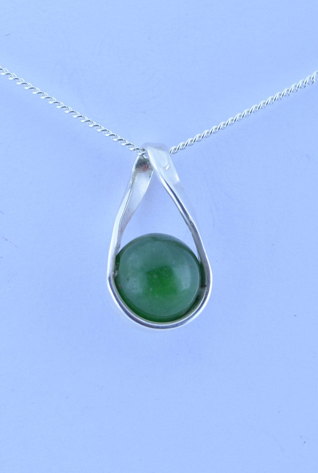 silver jade pendant and solid sterling silver chain necklace, bell shape green natural gemstone