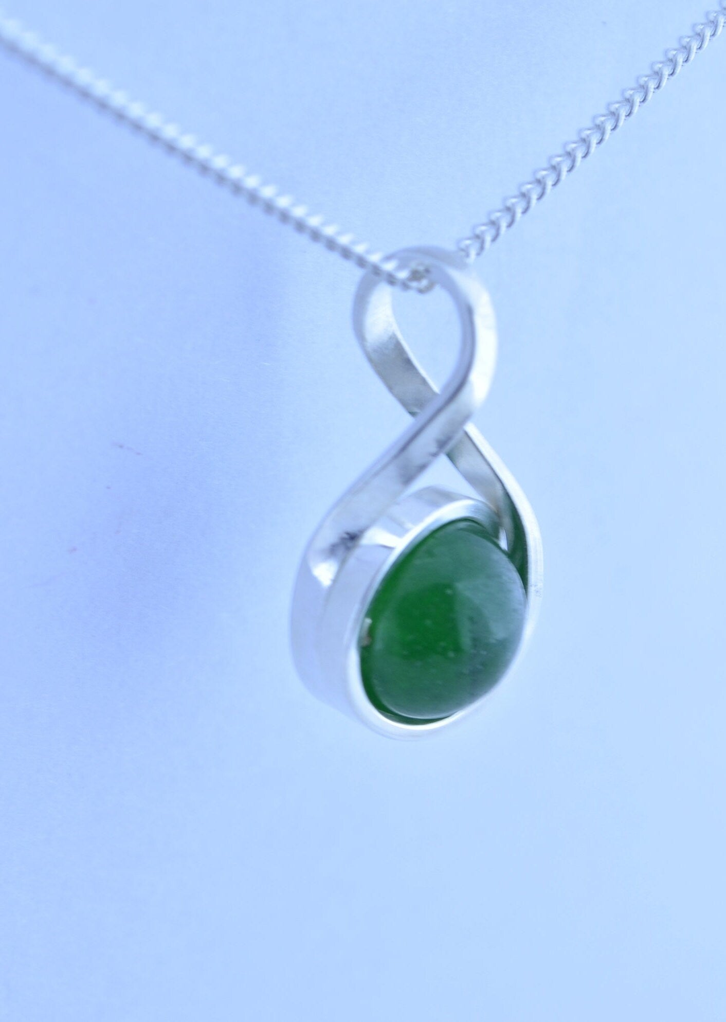 silver jade necklace, bell shape green natural gemstone pendant, 18” chain