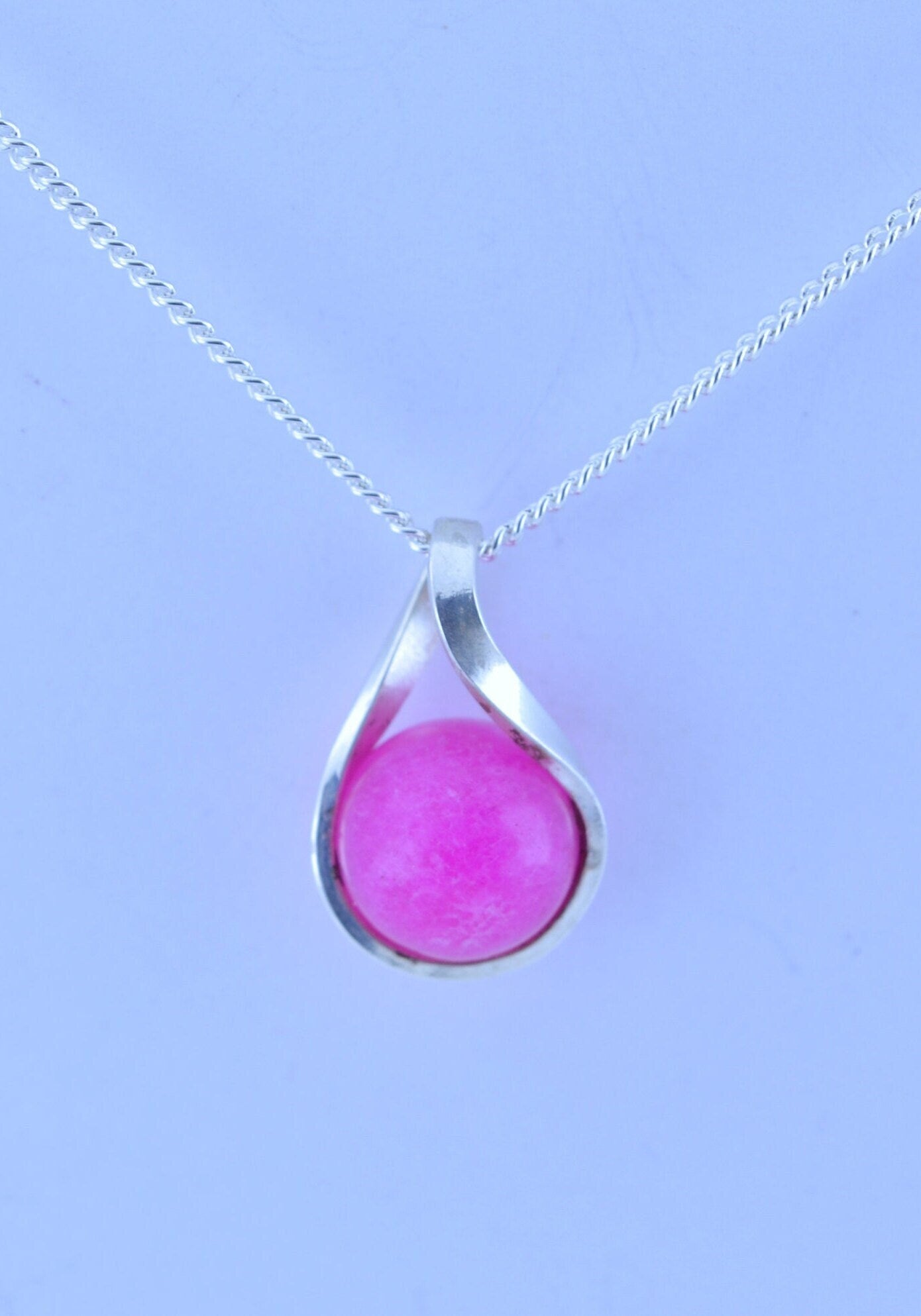 Silver pink jade necklace, twisted round stone pendant, 18” chain