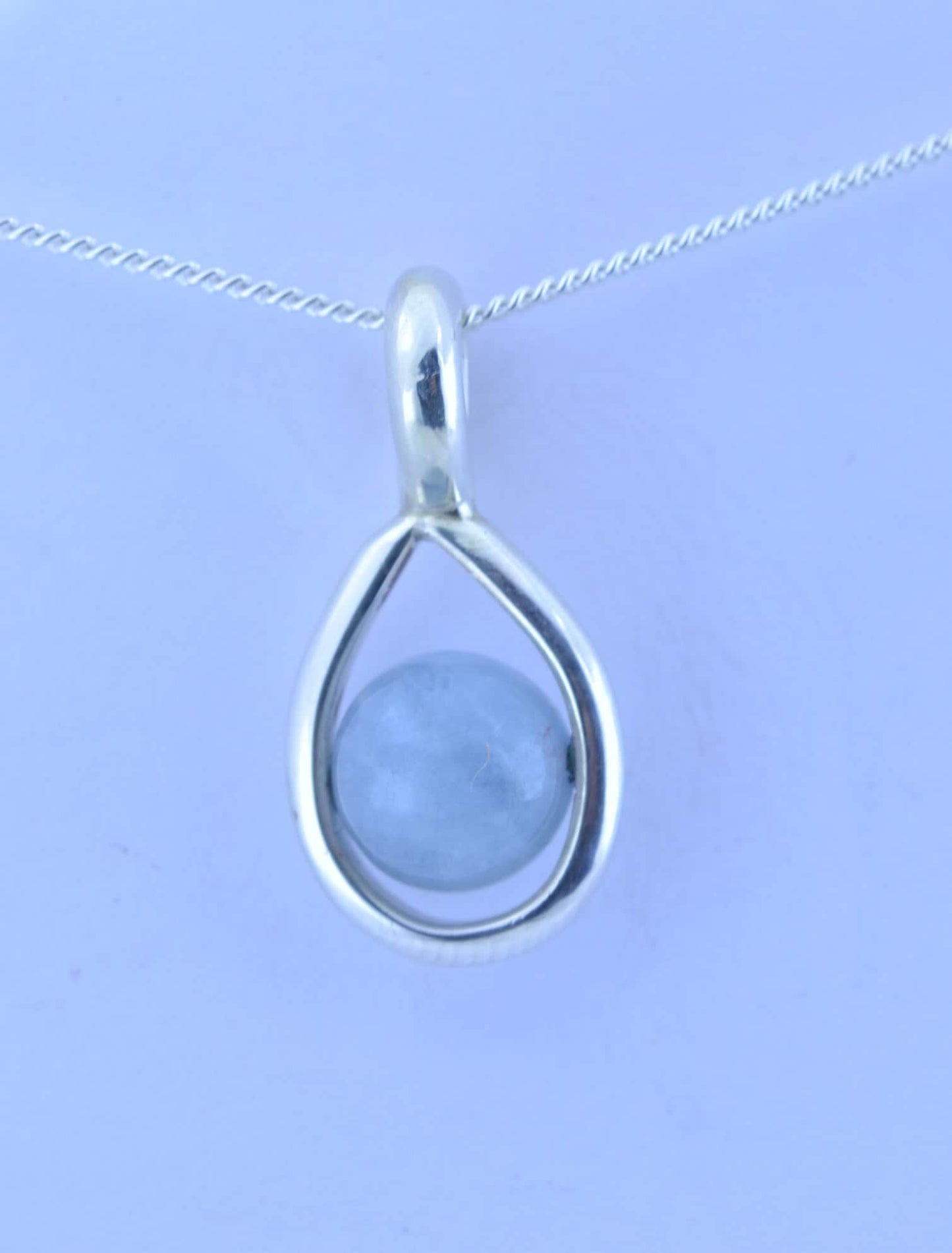 Silver aquamarine necklace, round stone pendant, natural bell shape gemstone, 18” chain