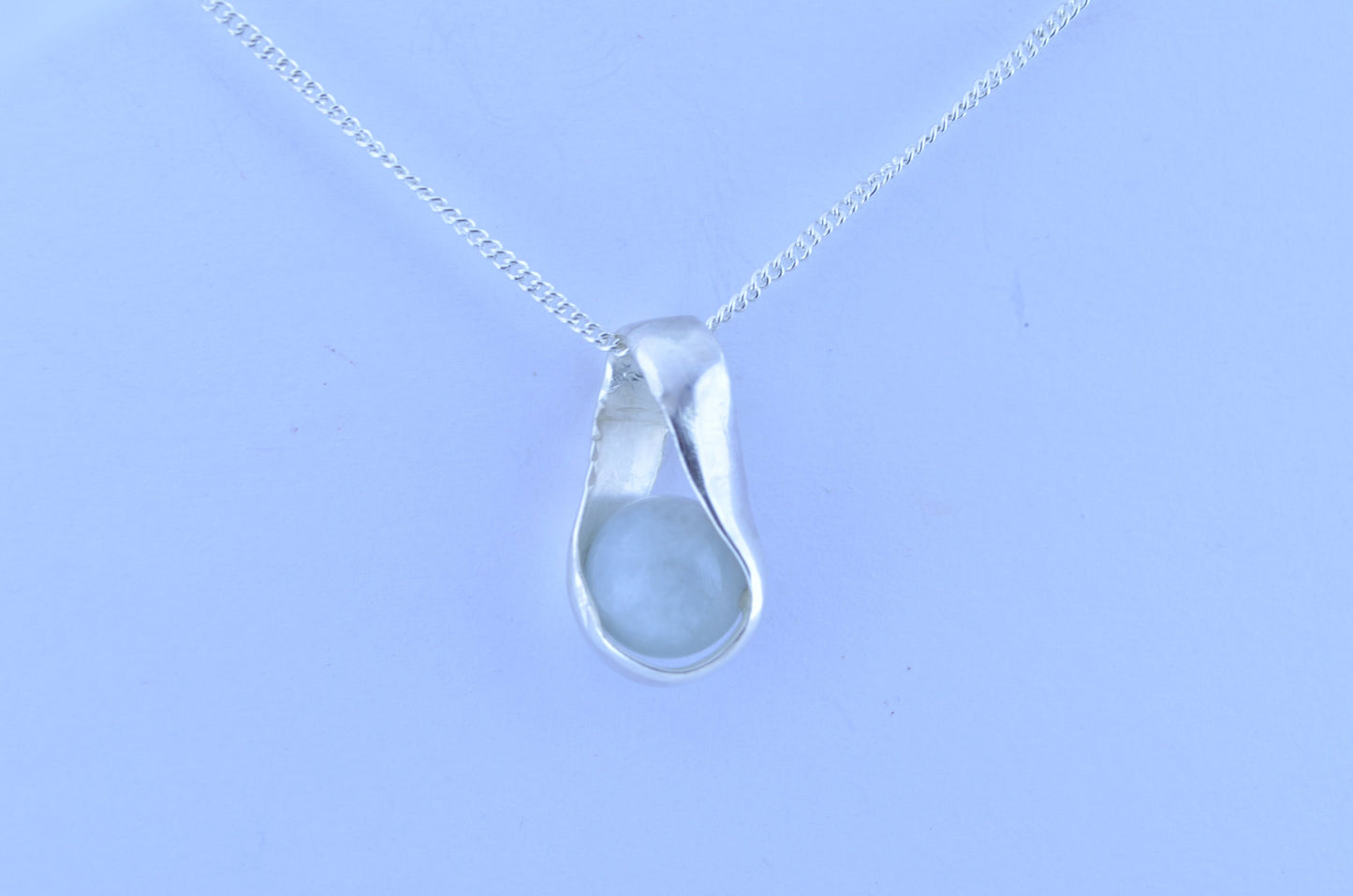 aquamarine silver necklace, round stone pendant, natural bell shape gemstone, 18” chain