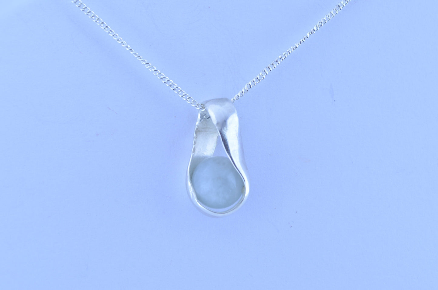 aquamarine silver necklace, round stone pendant, natural bell shape gemstone, 18” chain