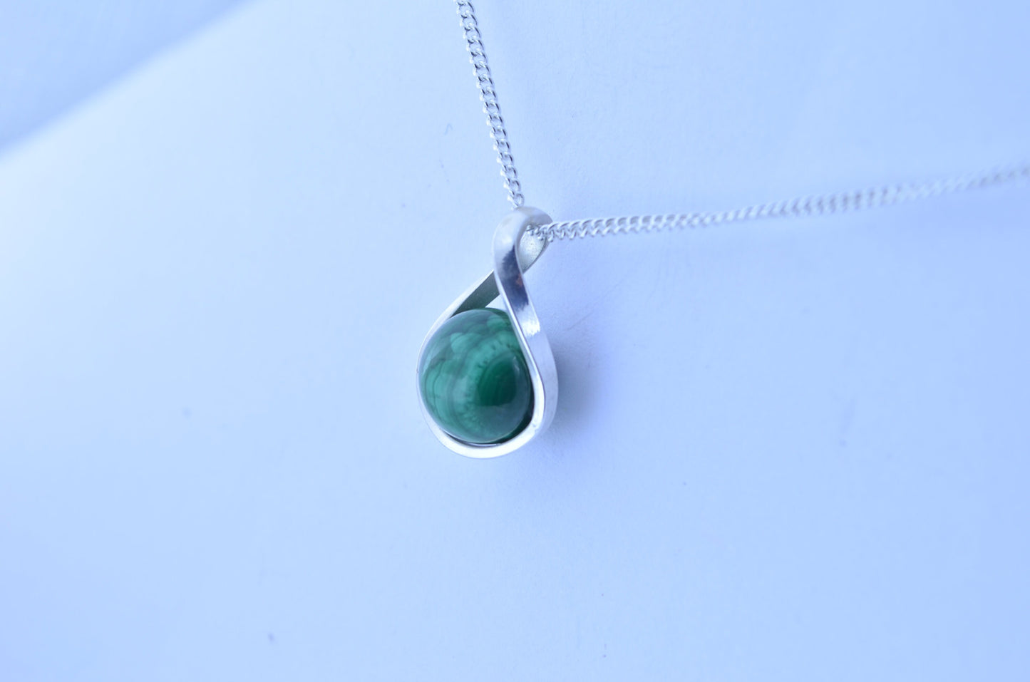 silver malachite pendant and solid sterling silver chain necklace, bell shape green natural gemstone