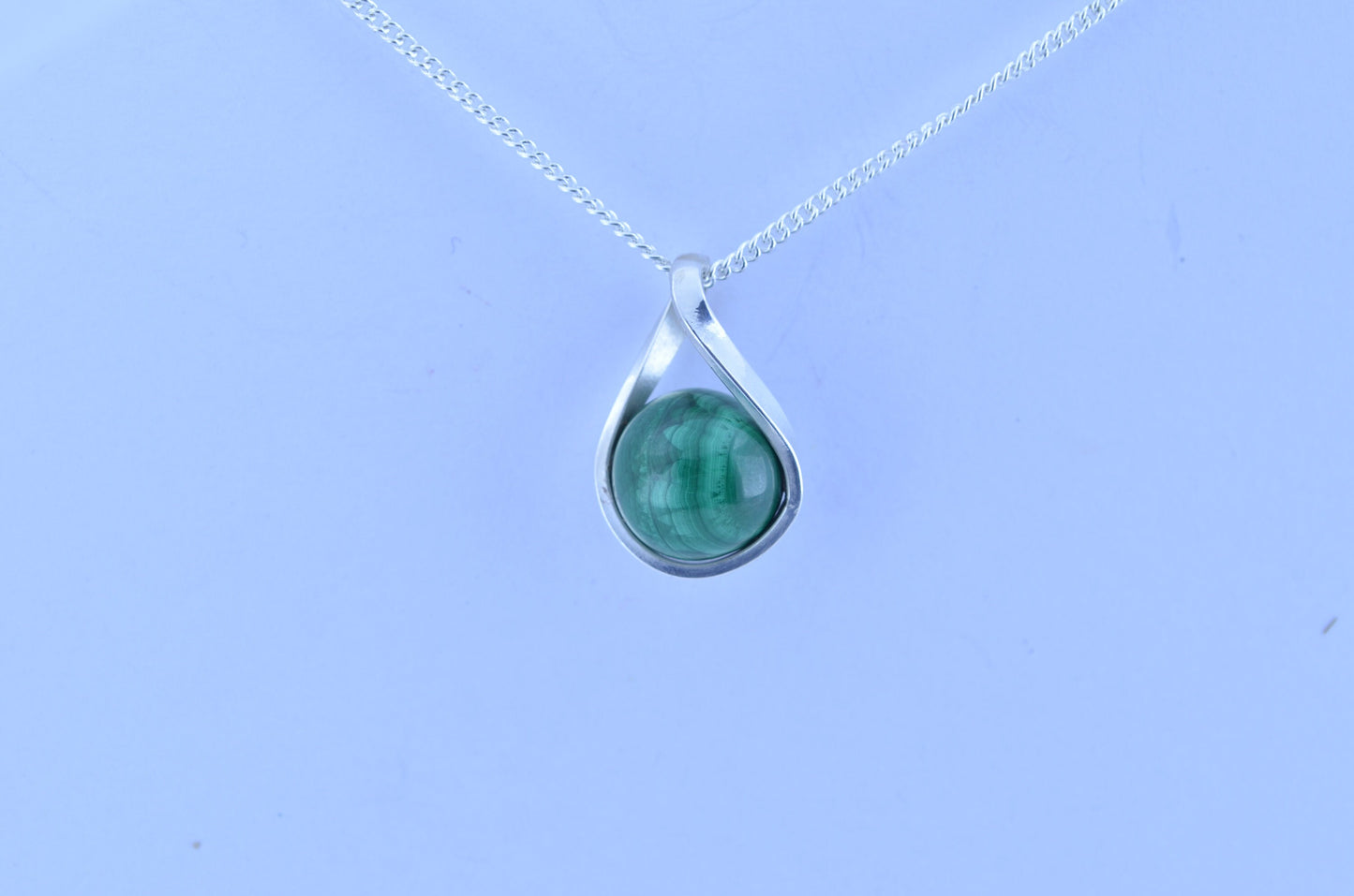 silver malachite pendant and solid sterling silver chain necklace, bell shape green natural gemstone
