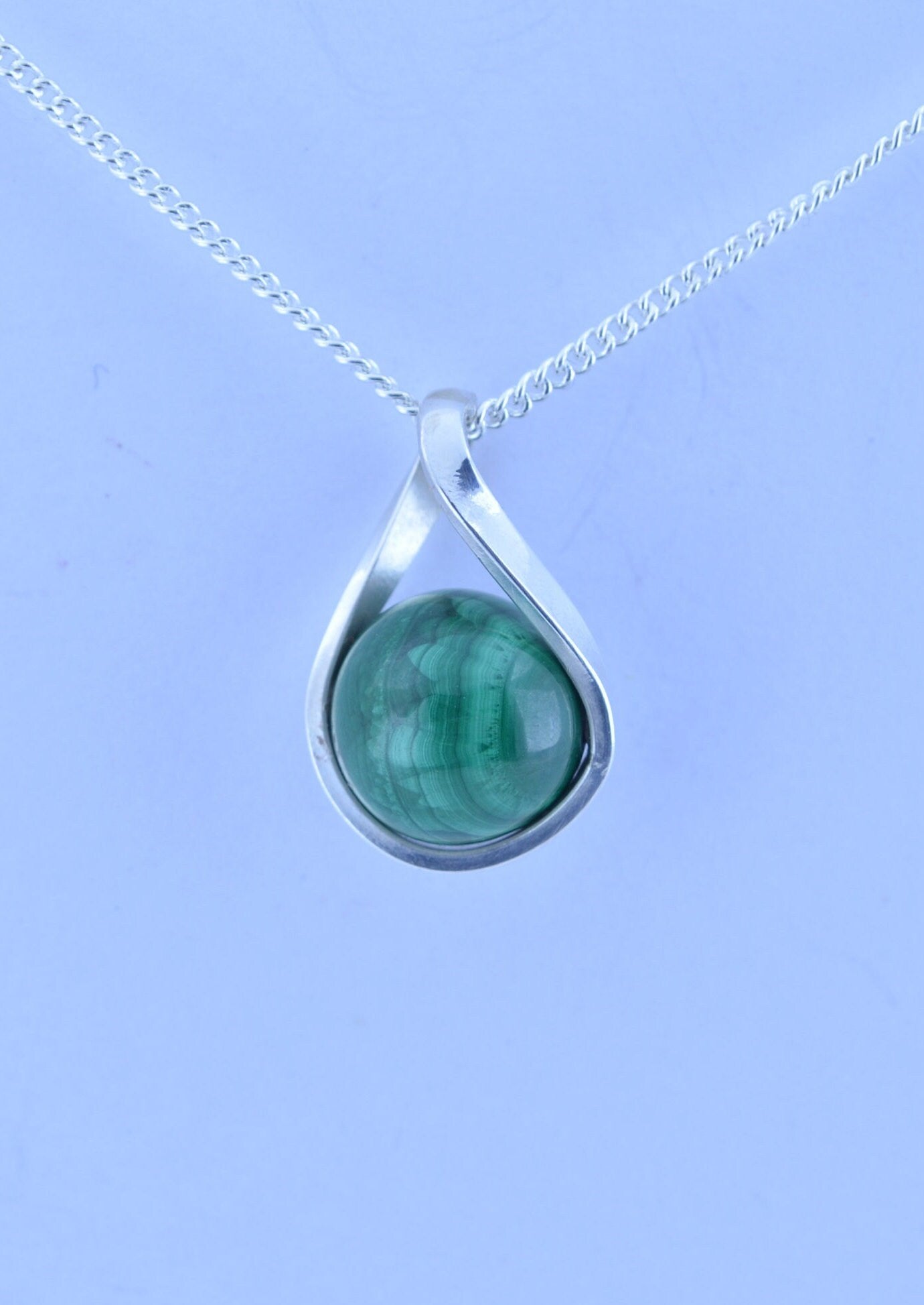 silver malachite pendant and solid sterling silver chain necklace, bell shape green natural gemstone