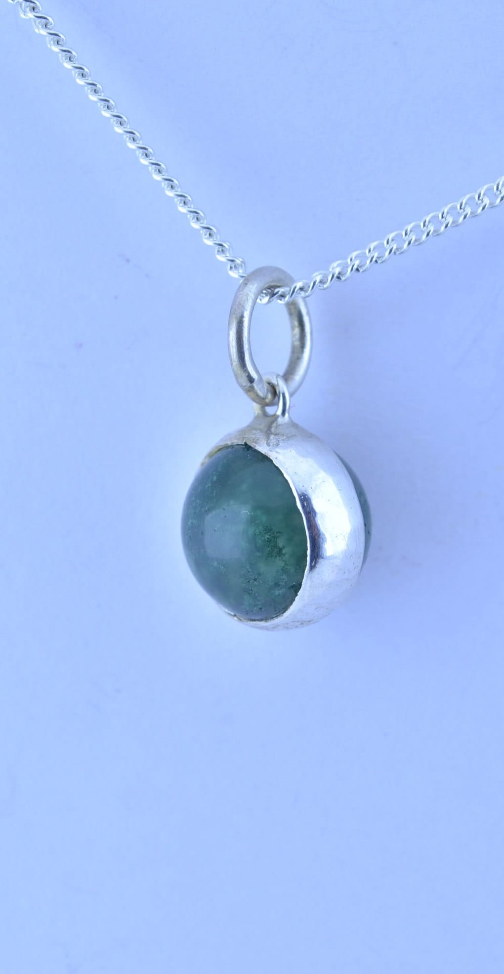 silver necklace green moss agate pendant, round shape natural gemstone, 18” chain