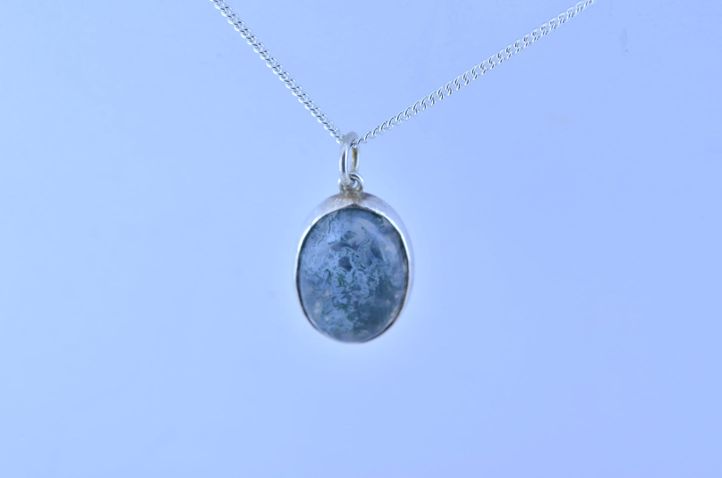 silver green moss agate pendant, oval shape natural gemstone, 18” chain