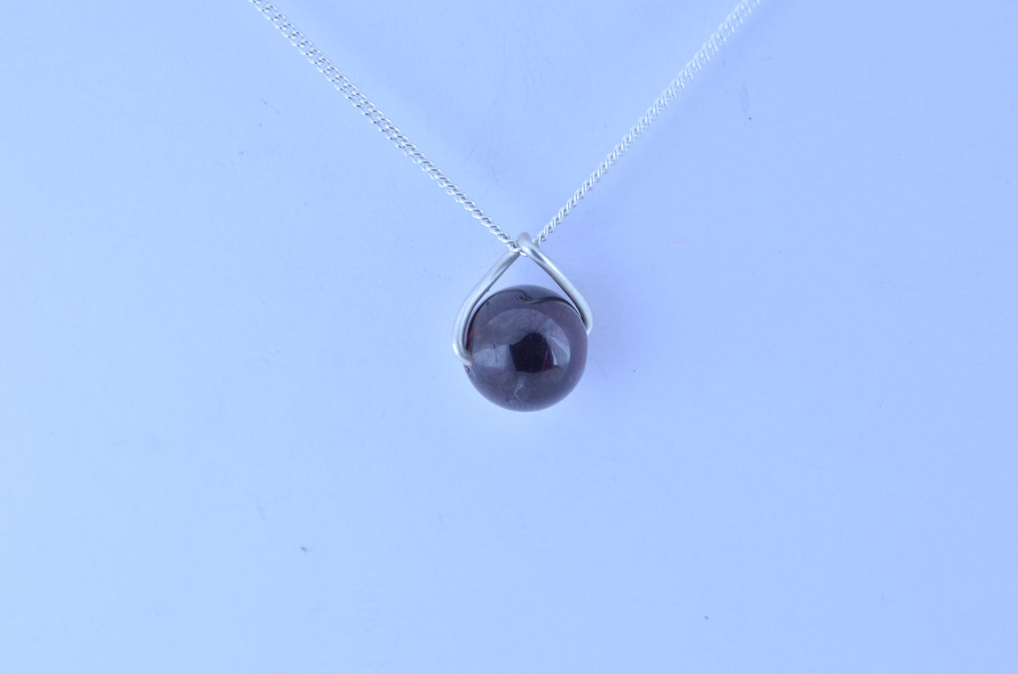 silver garnet necklace, twisted shape pendant, 18” chain, bell red natural gemstone