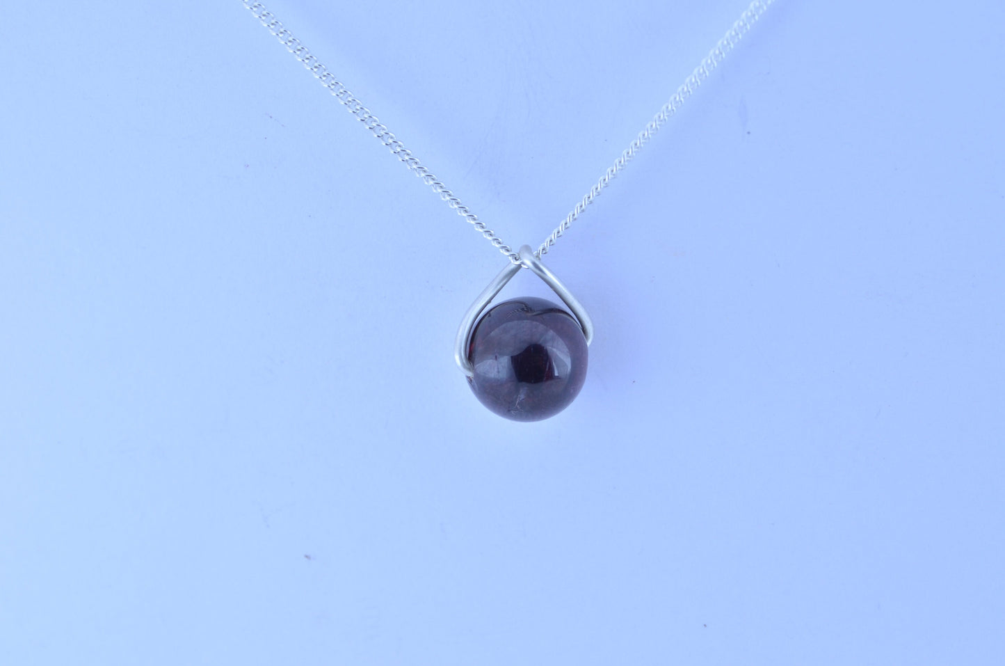 silver garnet necklace, twisted shape pendant, 18” chain, bell red natural gemstone
