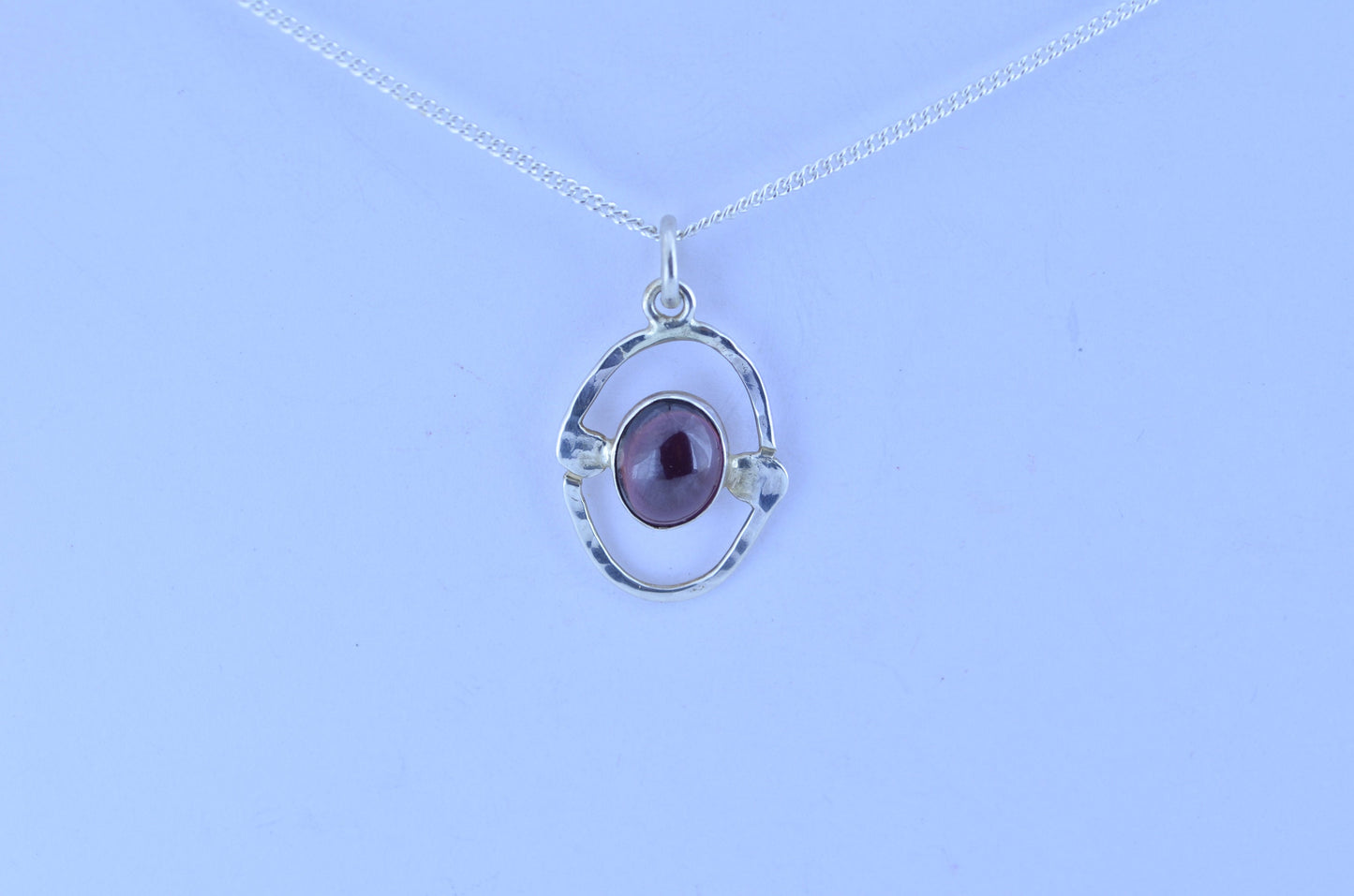 garnet pendant, oval shape silver pendant, 18” chain, red natural gemstone