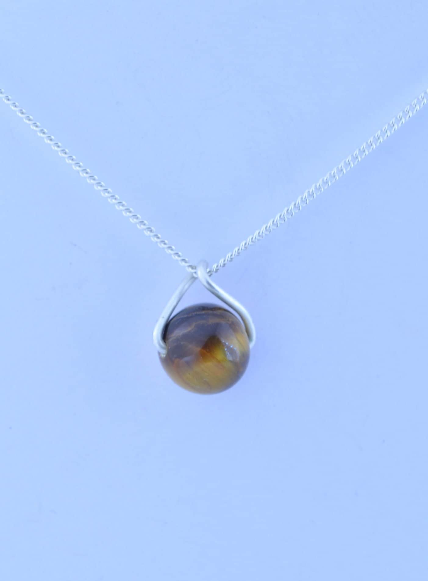 tiger’s eye necklace, round natural brown gemstone pendant, 18”  solid sterling silver chain