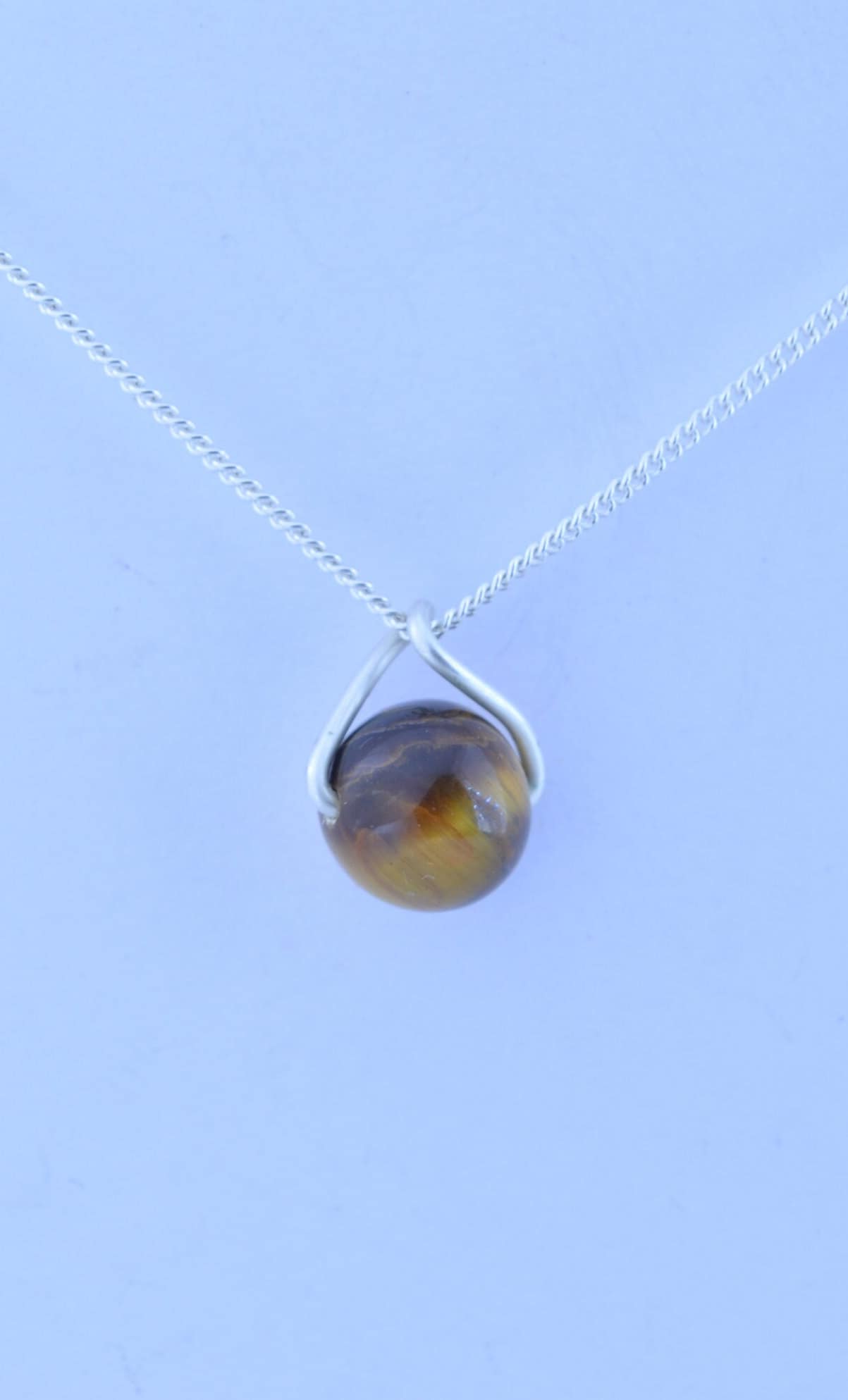 tiger’s eye necklace, round natural brown gemstone pendant, 18”  solid sterling silver chain