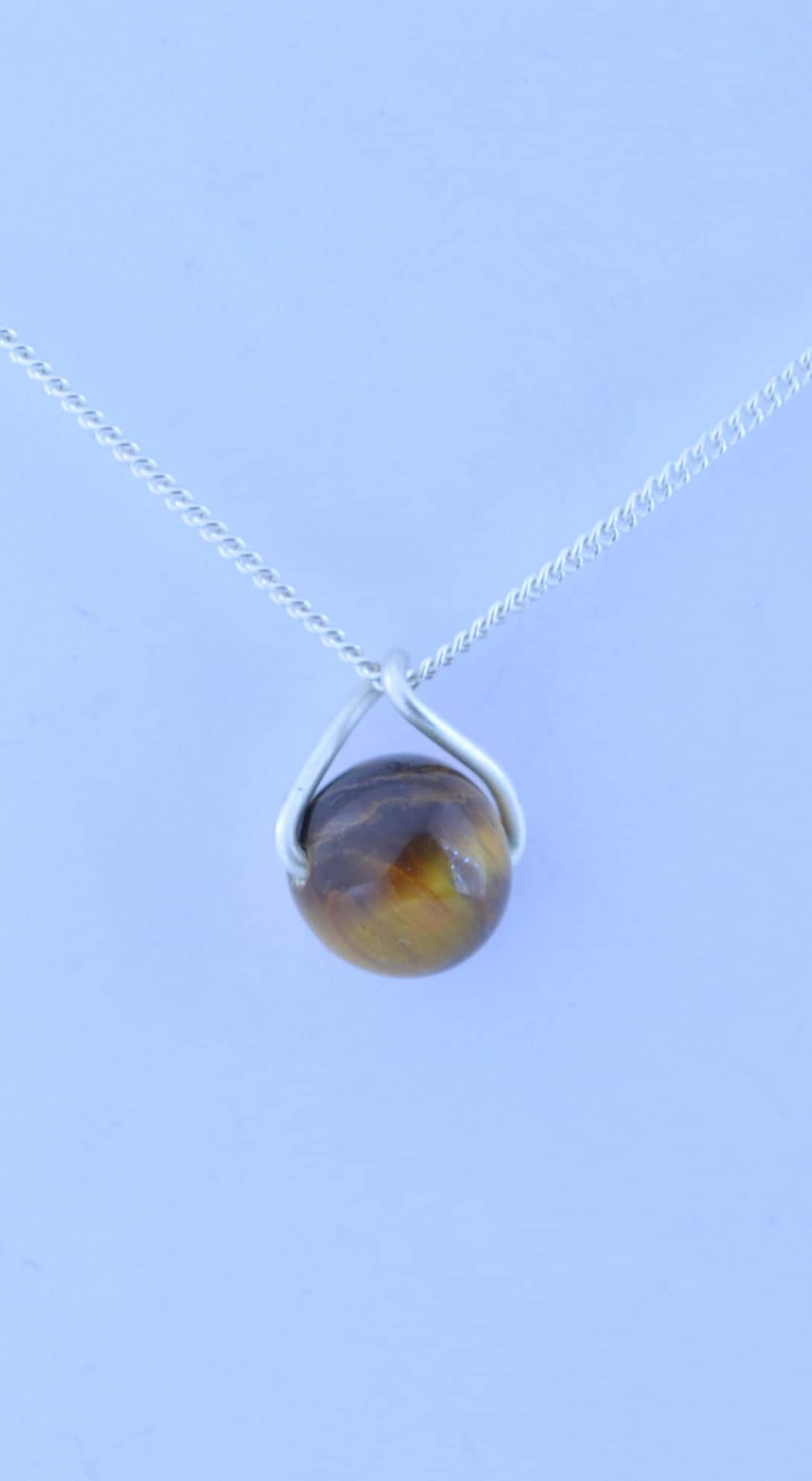 tiger’s eye necklace, round natural brown gemstone pendant, 18”  solid sterling silver chain