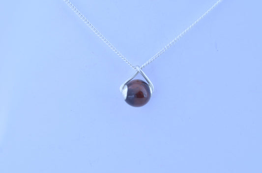 tiger’s eye silver necklace, round natural brown gemstone pendant, 18” chain