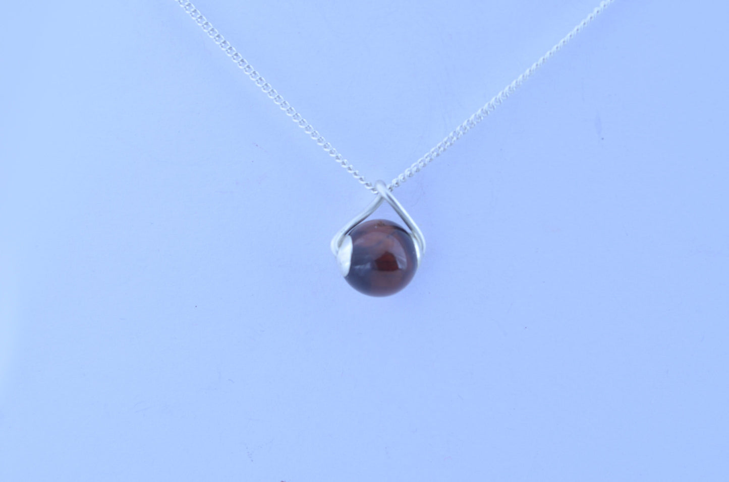 tiger’s eye silver necklace, round natural brown gemstone pendant, 18” chain