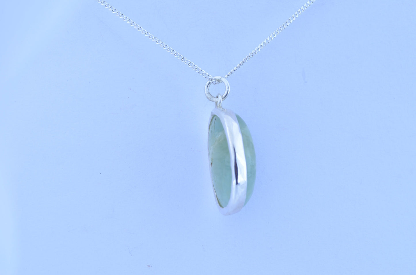 Silver aquamarine necklace, round stone pendant, natural oval shape gemstone, 18” chain