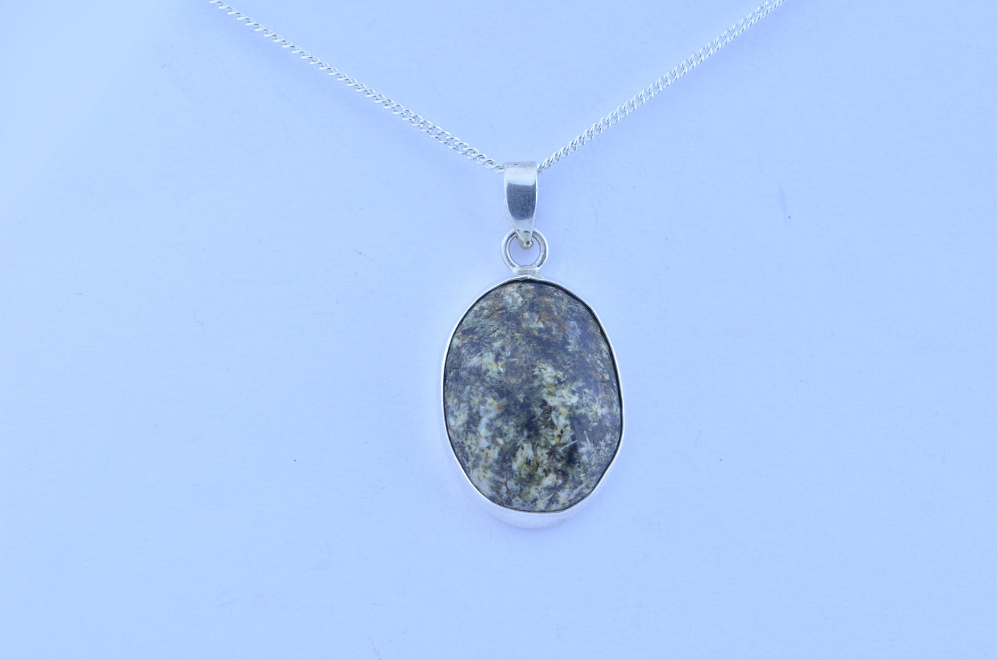 Preseli bluestone necklace , natural stone from Wales, oval shape pendant, 18” chain