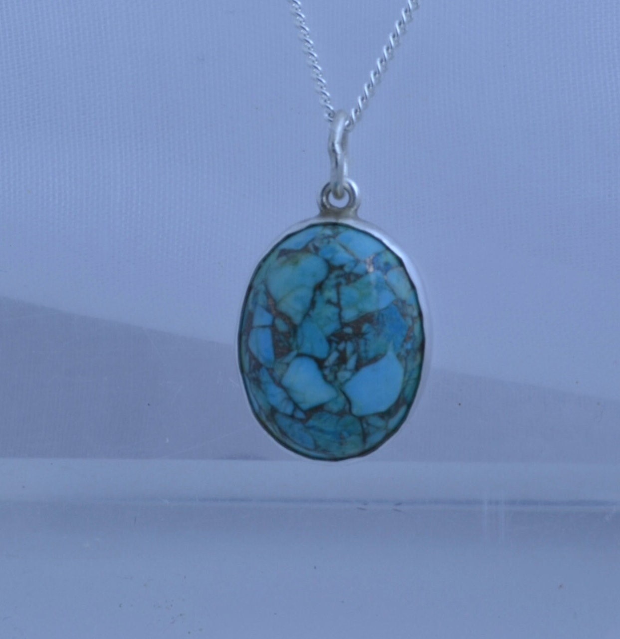 turquoise silver necklace, oval blue pendant, 18” chain