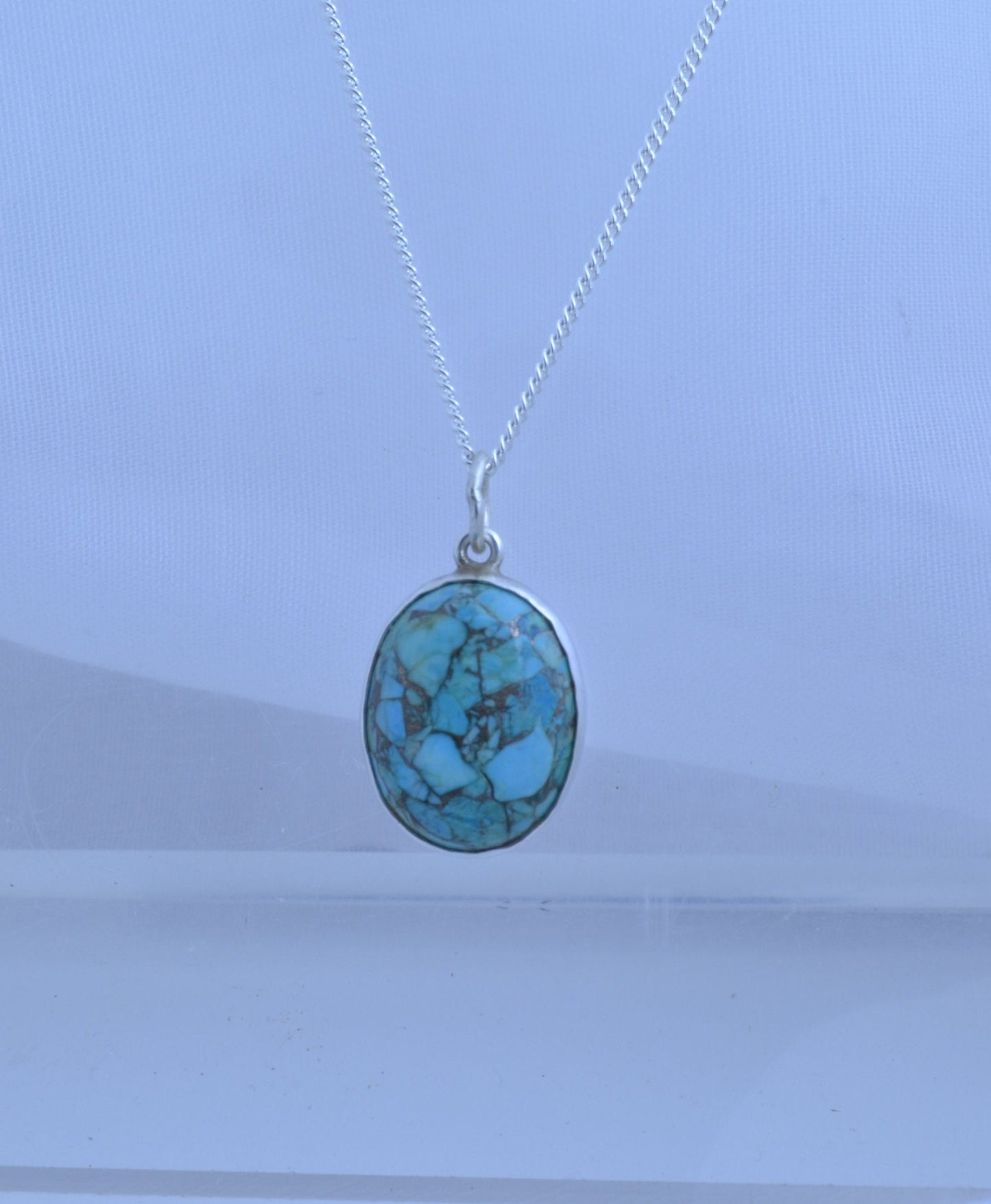 turquoise silver necklace, oval blue pendant, 18” chain