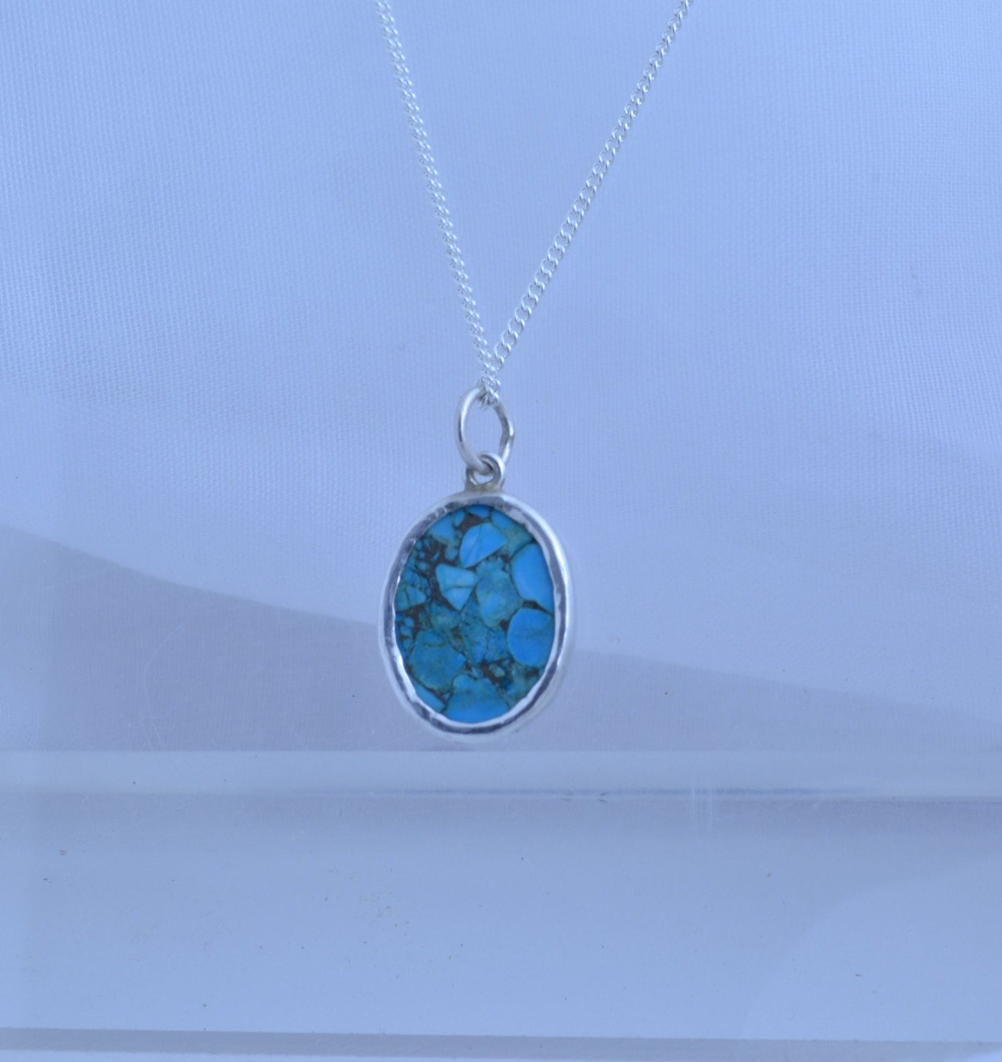 turquoise silver necklace, oval blue pendant, 18” chain