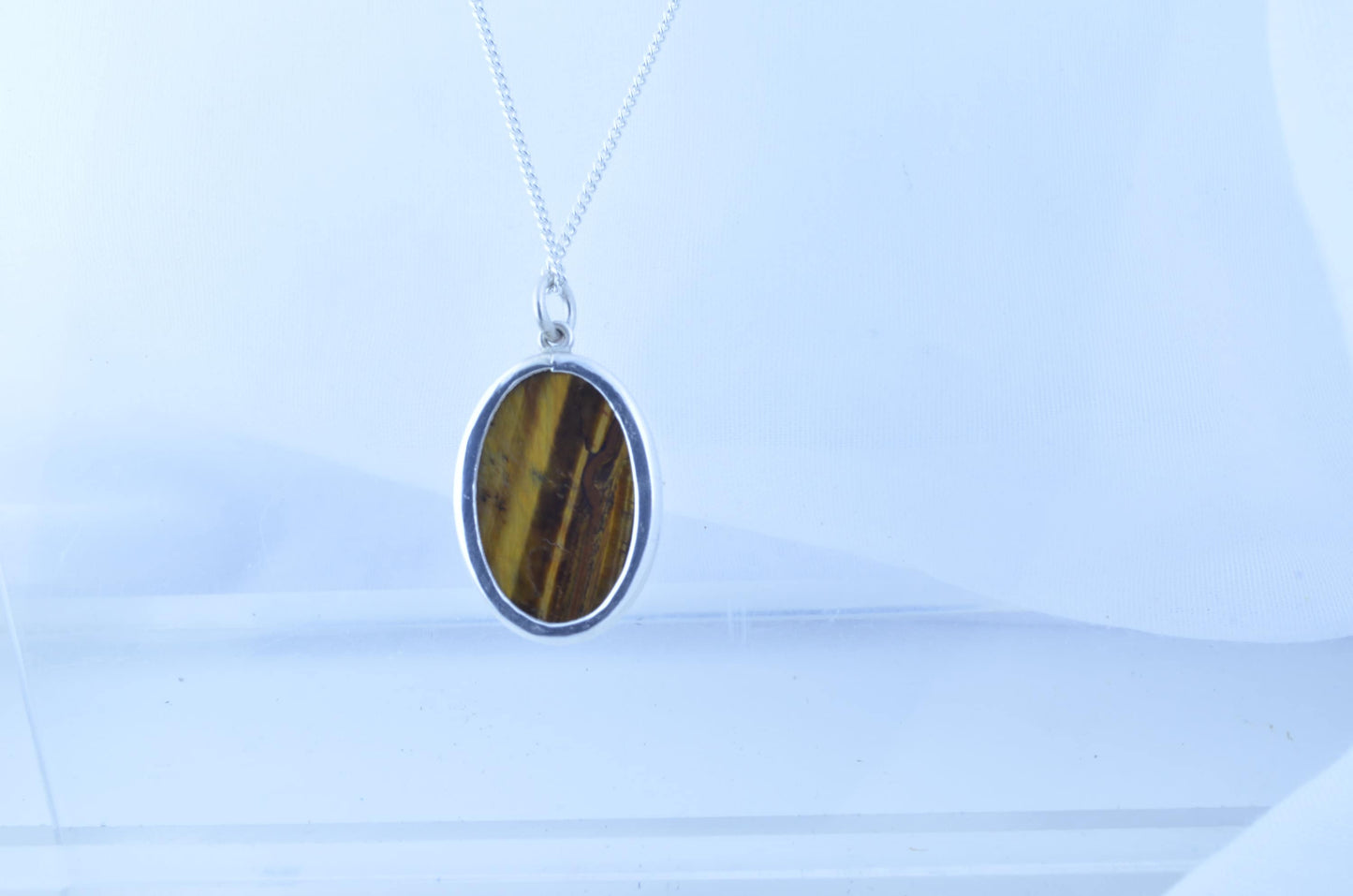silver tiger’s eye necklace, oval natural brown gemstone pendant, 18” chain