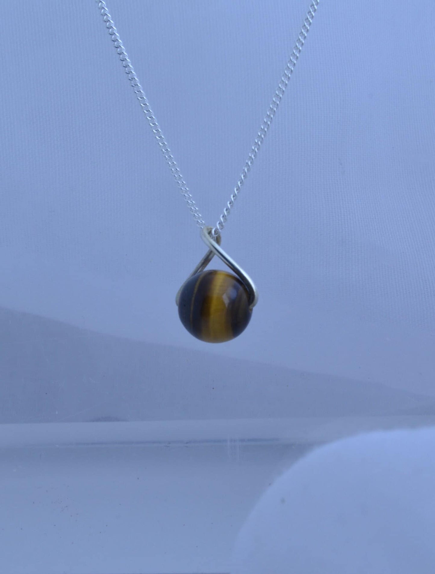 silver necklace, round natural brown tiger’s eye gemstone pendant, 18” solid sterling silver chain