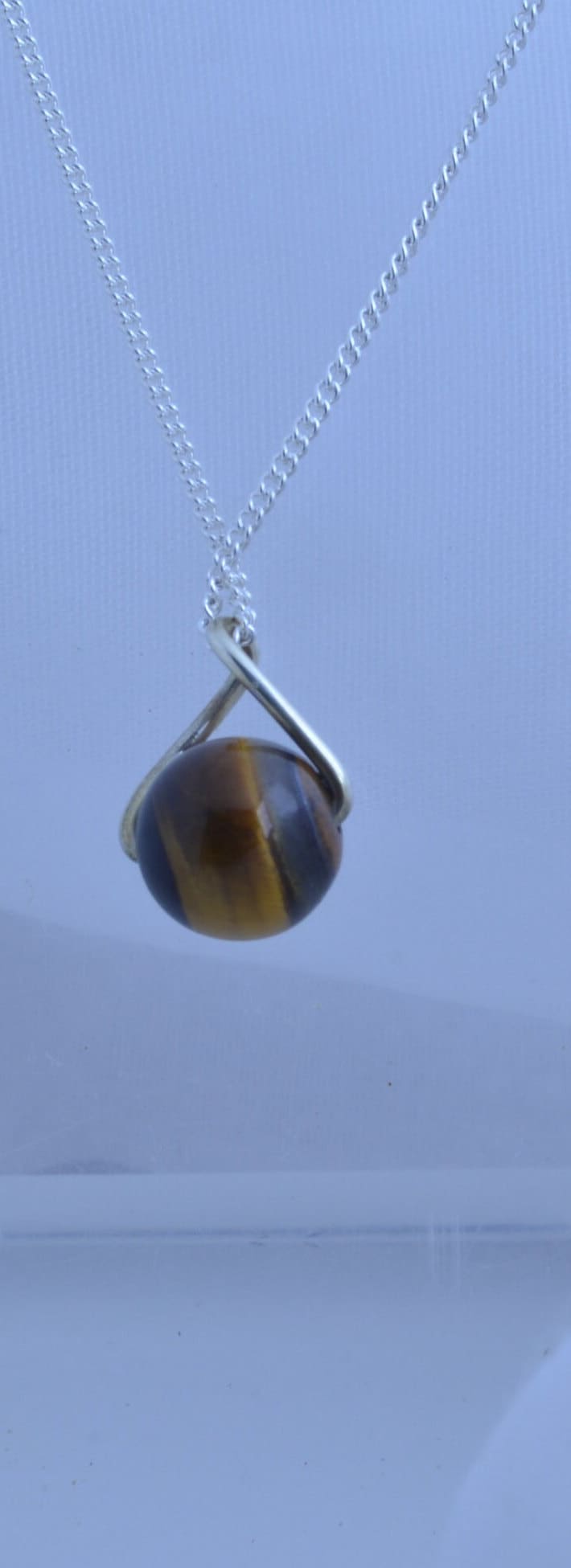 silver necklace, round natural brown tiger’s eye gemstone pendant, 18” solid sterling silver chain
