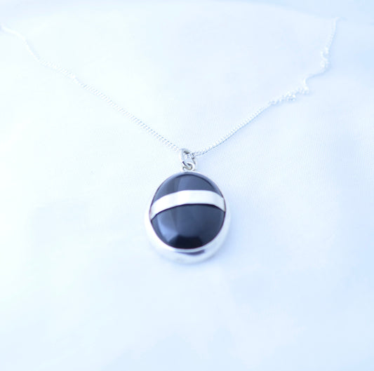 black onyx pendant, silver necklace, oval shape natural gemstone, 18” chain
