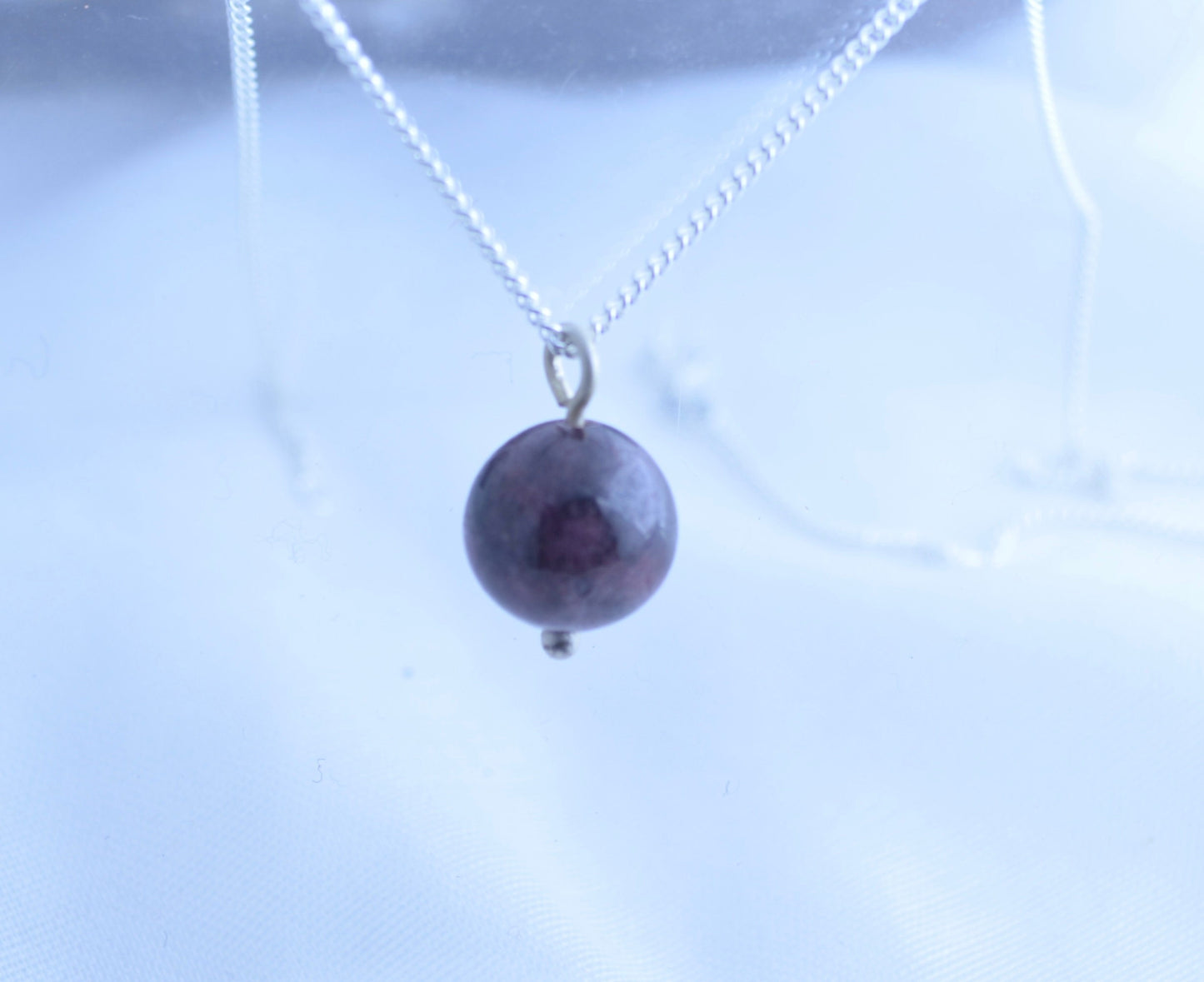 Silver garnet necklace, round shape red pendant, 18” chain, natural gemstone