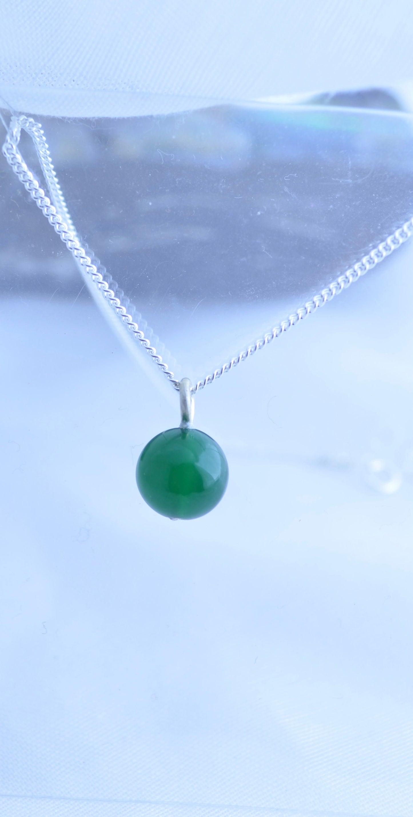 Silver necklace, green onyx pendant, round shape natural gemstone, 18” chain
