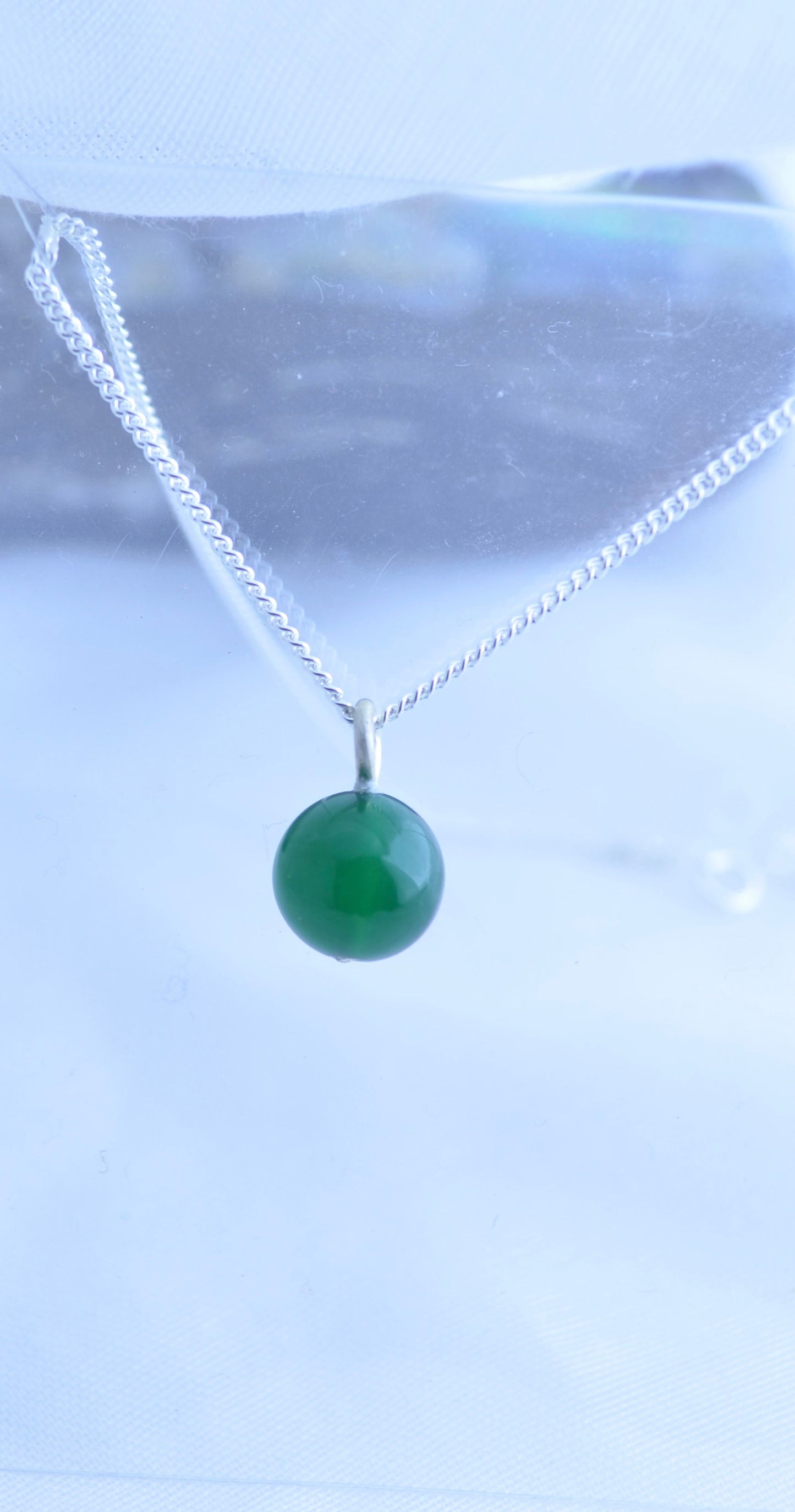 Silver necklace, green onyx pendant, round shape natural gemstone, 18” chain